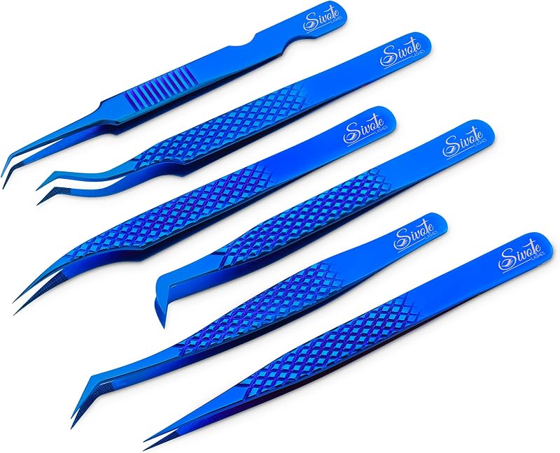Conjunto de 6 pinças para extensão de cílios SIVOTE em aço japonês, azul