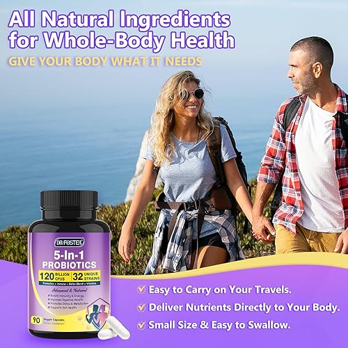 Miniatura 7 de Probióticos para mujeres y hombres, salud digestiva, 120 mil millones de UFC, prebióticos y probióticos para la salud intestinal, D3, zinc y hierbas