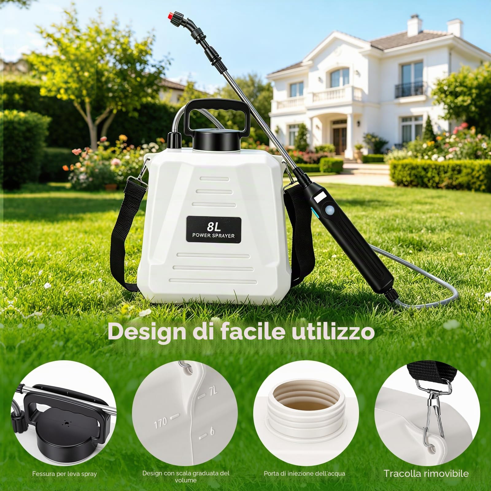 Irrigatore Elettrico a Batteria 8L, Spruzzatore da Giardino USB-C, 3 Ugelli, Lancia Estraibile, Cintura a Spalla, per Irrigazione e Diserbo