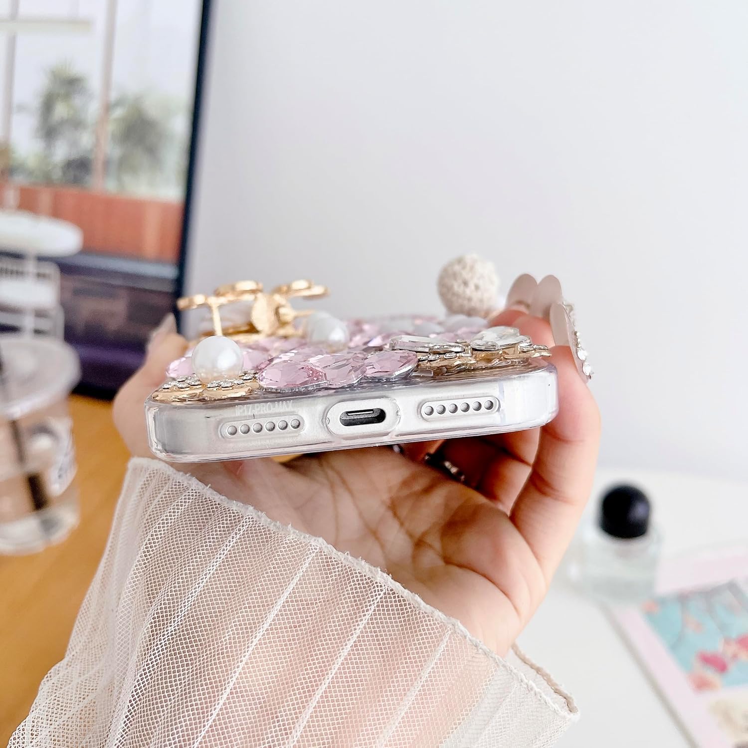 iFiLOVE for iPhone 17 Pro Max Bling Diamond Case, 3D Luxury Sparkle Glitter Crystal Rhinestone Butterfly Flower Pendant Charm Case Cover for Girls Women Kids (Pink) - Image 3