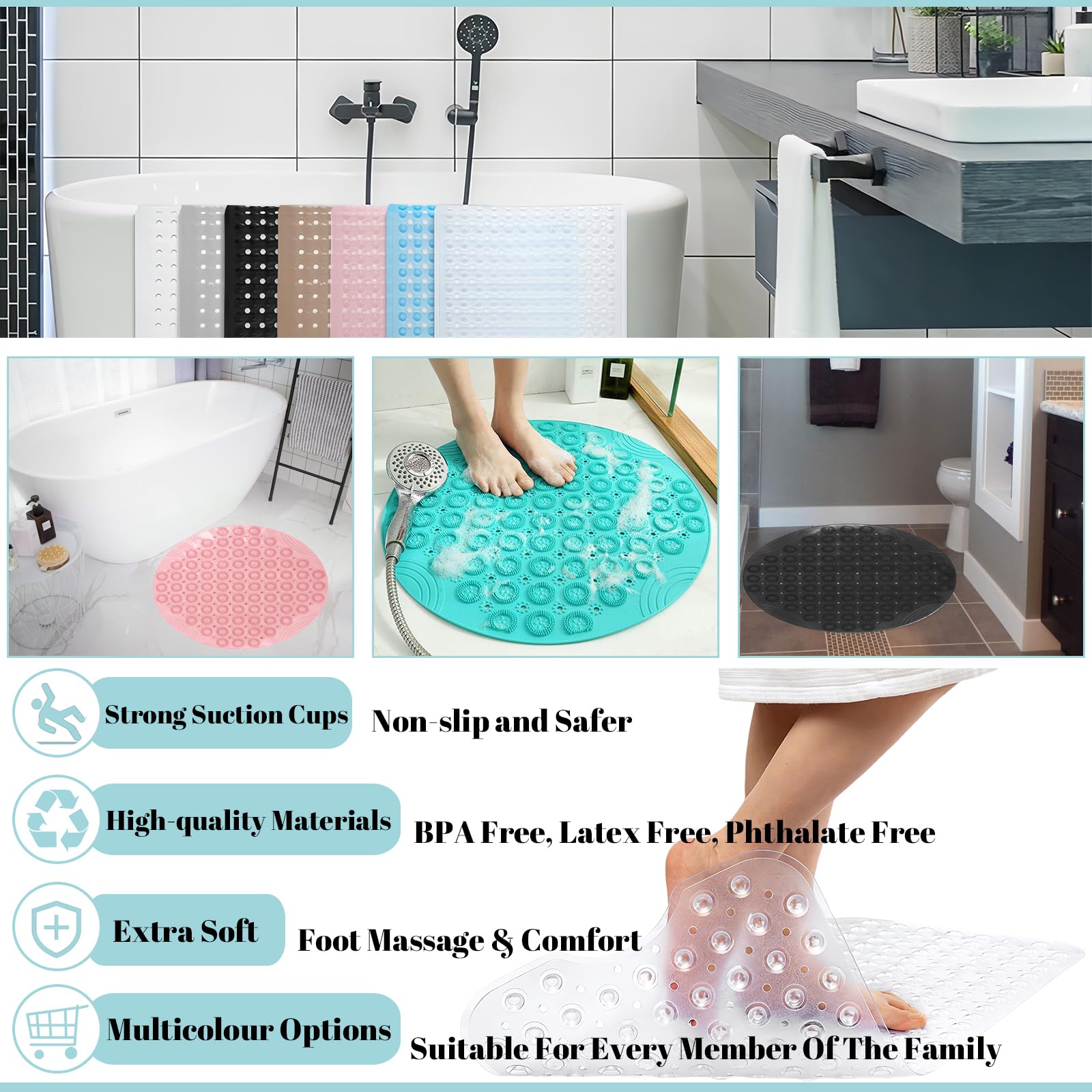 Shower Bath Mat 53x53cm,Extra Round Shower Mat Anti Mould Bath Mats Pink,Non Slip Bath Mat for Tub,Shower Mats with Suction Cups,Drain Holes,Machine Washable Bathroom Bathtub for Kids,Elderly - Image 4