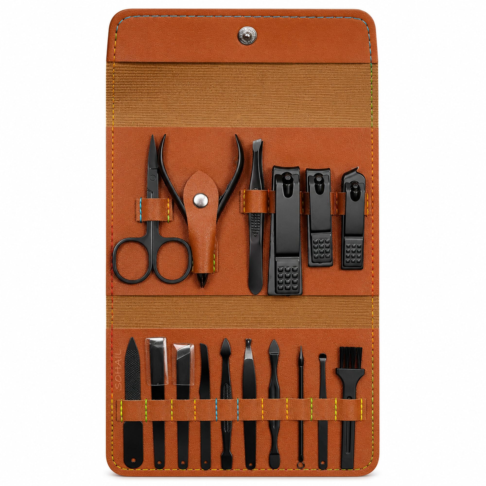 16-Piece Manicure Pedicure Grooming Set for Men and Women with Nail Clippers, Cuticle Tools, Files, Scissors and Brown Travel Case.-picture-41