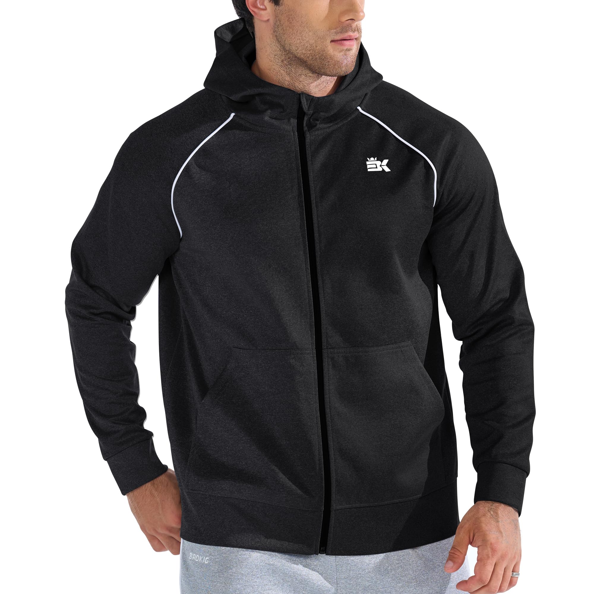 BROKIG Sweat à Capuche Sport Homme Veste Running Homme Zip | Veste Course a Pied Sportswear, Sweat Capuche Survêtement Elastique, Veste Sport Extérieur Homme, Hoodie Homme Poches Zippées