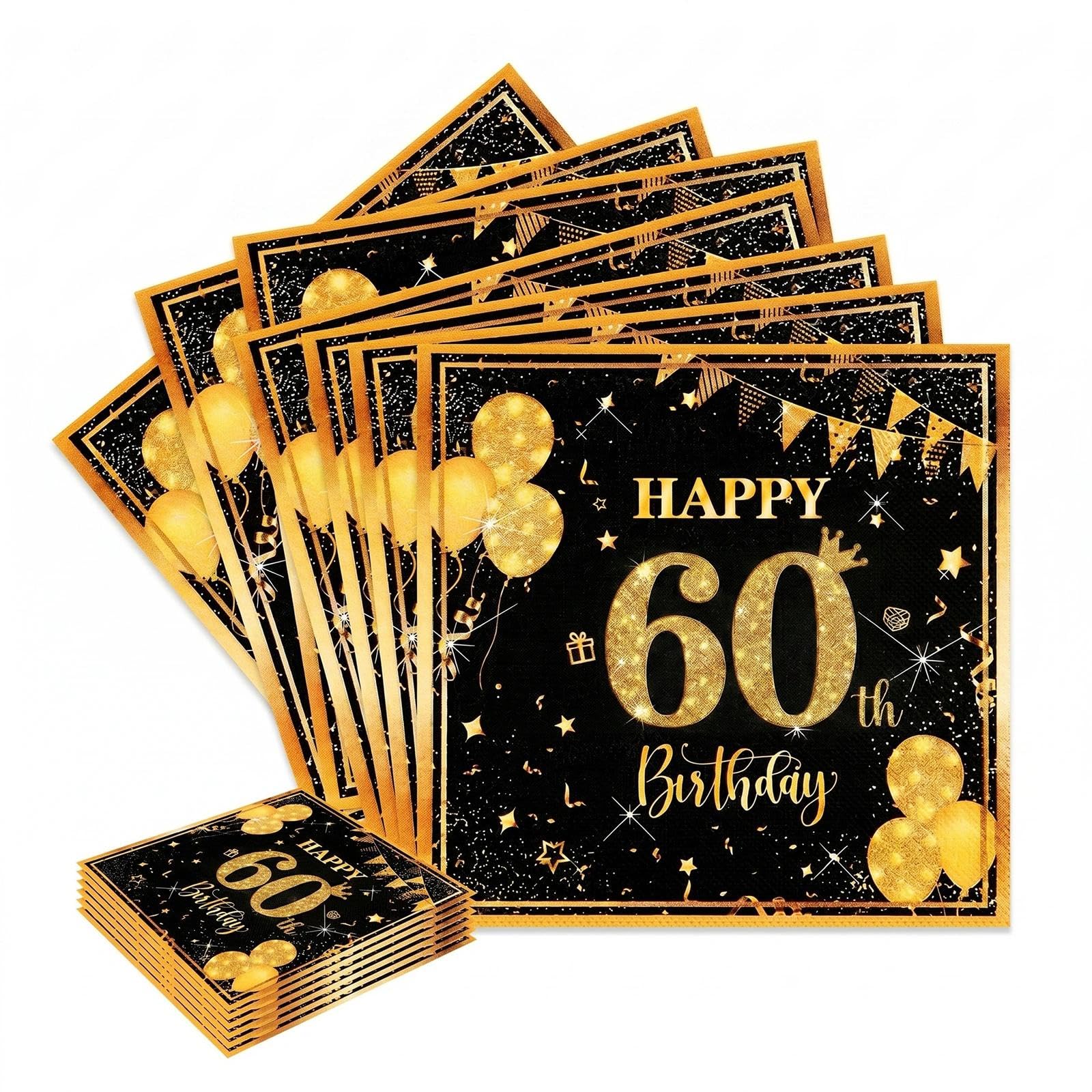 40PCS 60th Birthday Party Napkins, Disposable Black Gold Paper Napkin for Men Women, 33x33cm Decorative Serviettes for 60th Birthday Celebration Decorations