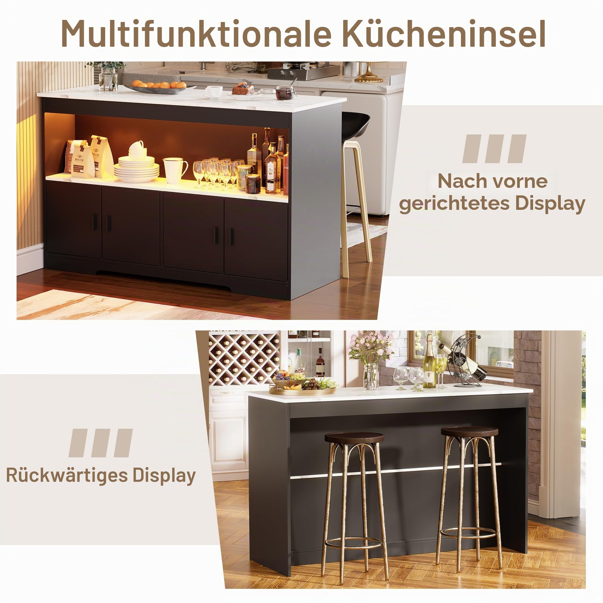 Kücheninsel mit Arbeitsplatte, Bartisch mit Stauraum & LED-Beleuchtung Küchenschrank 110CM Breit Buffetschrank Küche Moderne Kücheninsel Freistehend Kücheninselschrank für Esszimmer Zuhause Küche