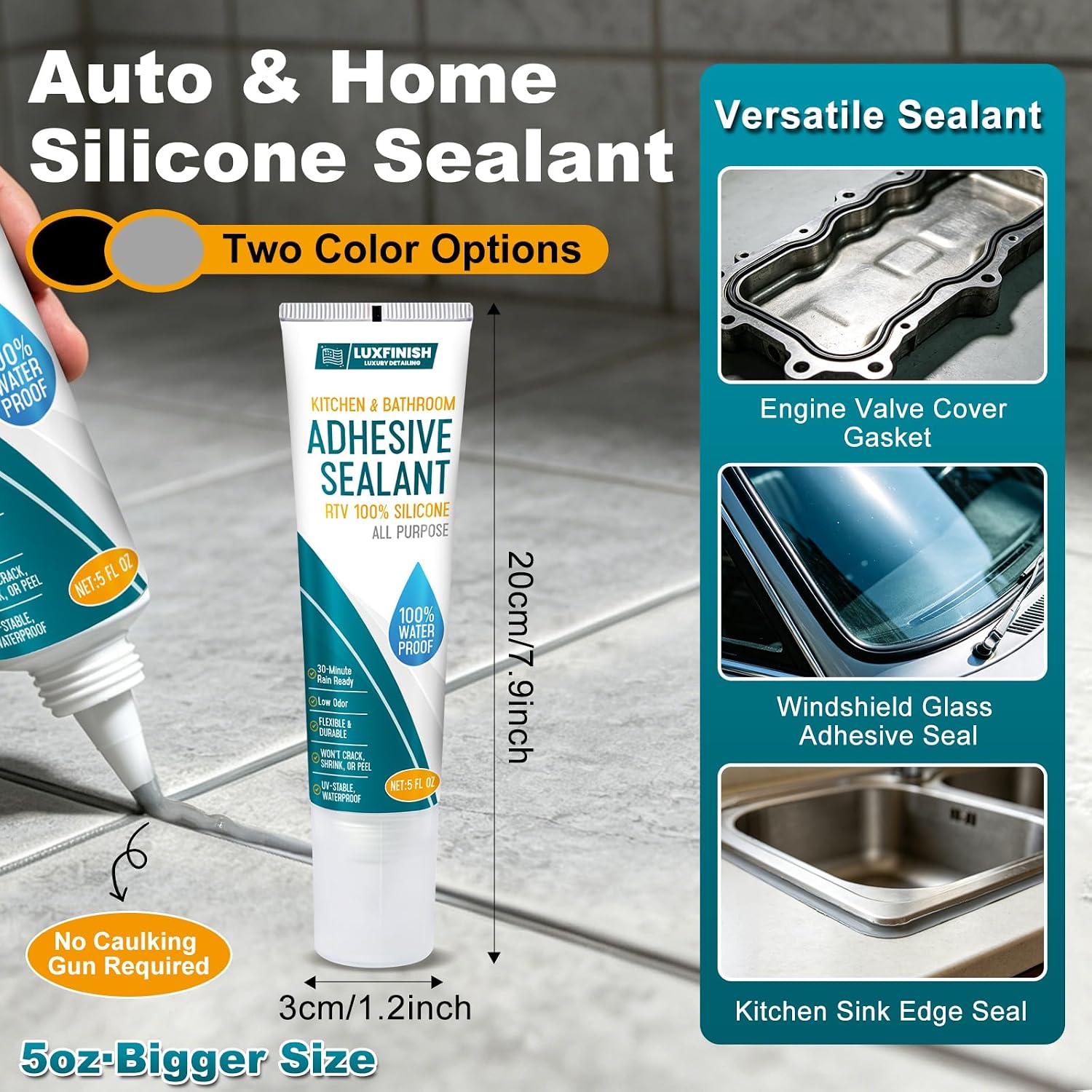 Silicone Sealant – 100% Waterproof, Flexible & Shrink Proof Caulk for Bathroom, Kitchen, Windows, Automotive - Strong Adhesion Sealant for Cracks, Gaps, Leaks 150ML/5Oz (Black)