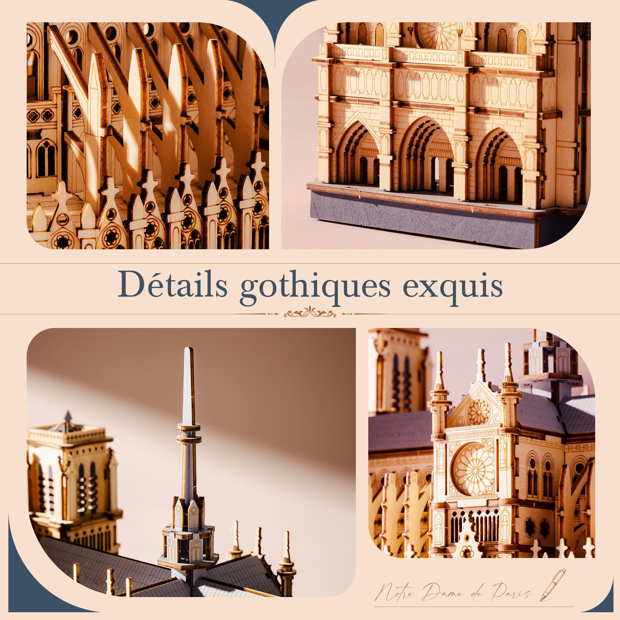 ROWOOD Notre Dame de Paris Puzzle 3D en Bois Modèle d’Architecture, 330 Pièces Kit DIY Découpe Laser pour Adultes et Adolescents, Décoration Élégante et Cadeau Créatif pour Passionnés d’Architecture