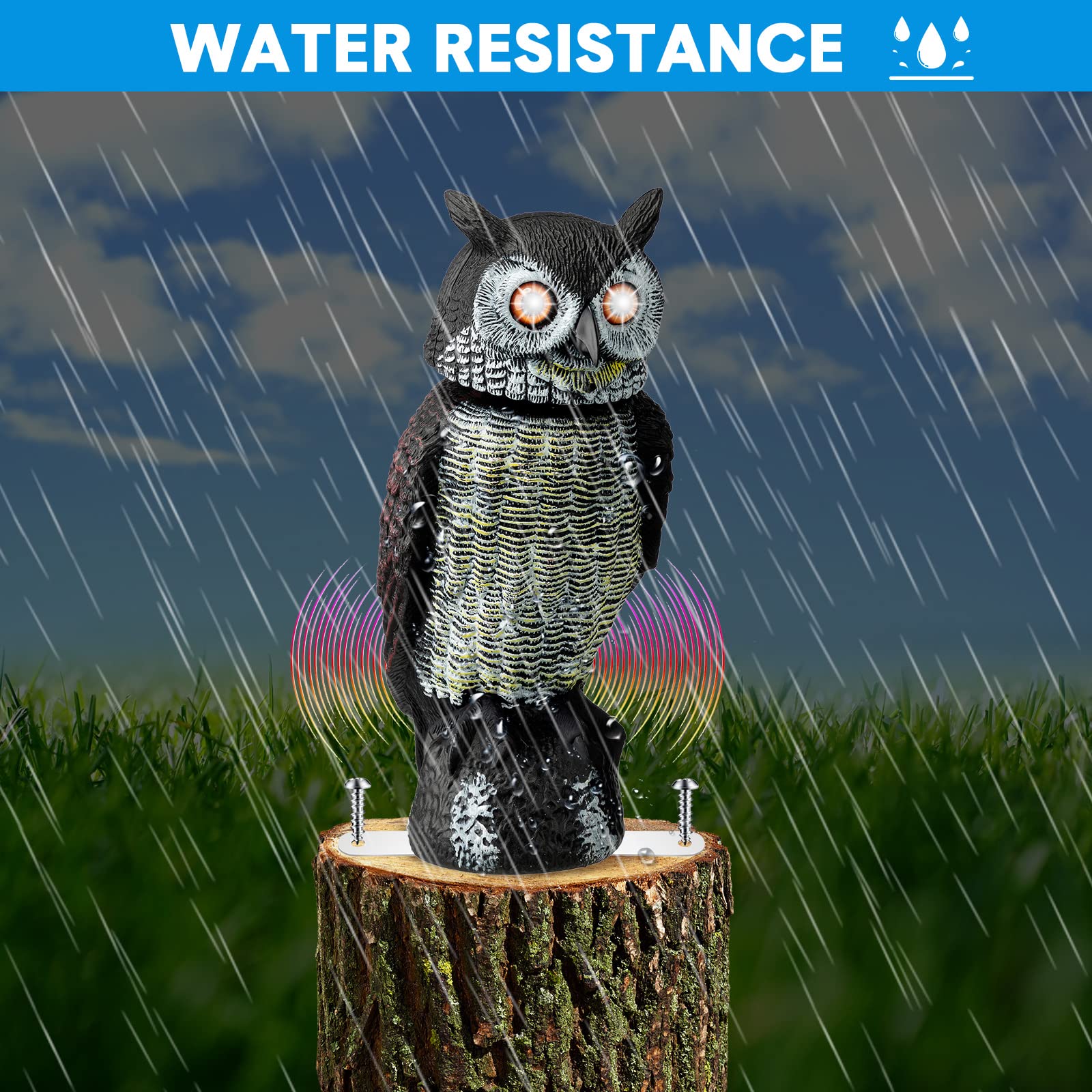 Solar Powered Fake Owl Animal Decoy Bird Scarecrow 180 Degree Rotation Head Waterproof Bird Repellent Light up Eyes and Owl Sound Realistic Look Highly Sensitive Motion Sensor Detects (1 PCS)