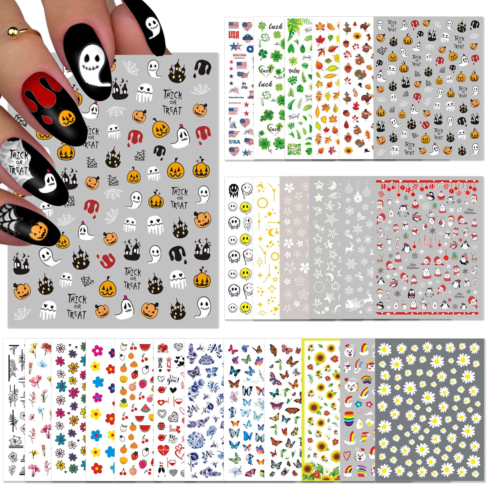 TailaiMei 24 Sheets Holiday Nail Stickers, Halloween, Christmas, Fall, Valentine Mixed All Seasons Variety Pack for Year-Round Seasonal Nail Art Decorations, Self-Adhesive Design Nail Decals