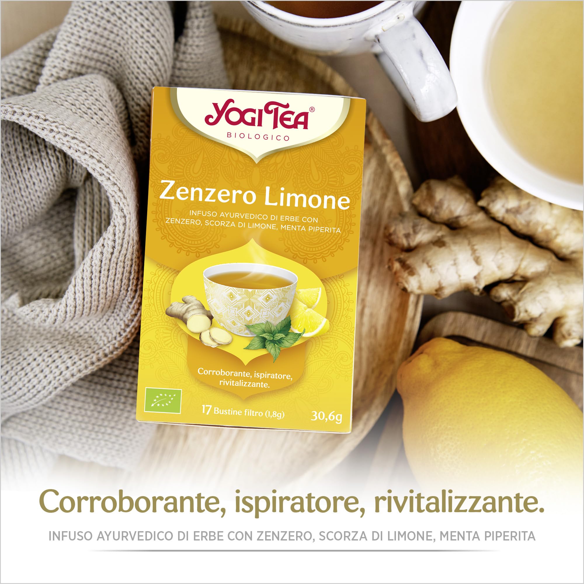 Yogi Tea Zenzero Limone Bio - Infuso Ayurvedico - Miscela di Zenzero, Scorza di Limone e Menta - Senza Caffeina - Confezione da 6x17 bustine (102 bustine in totale)