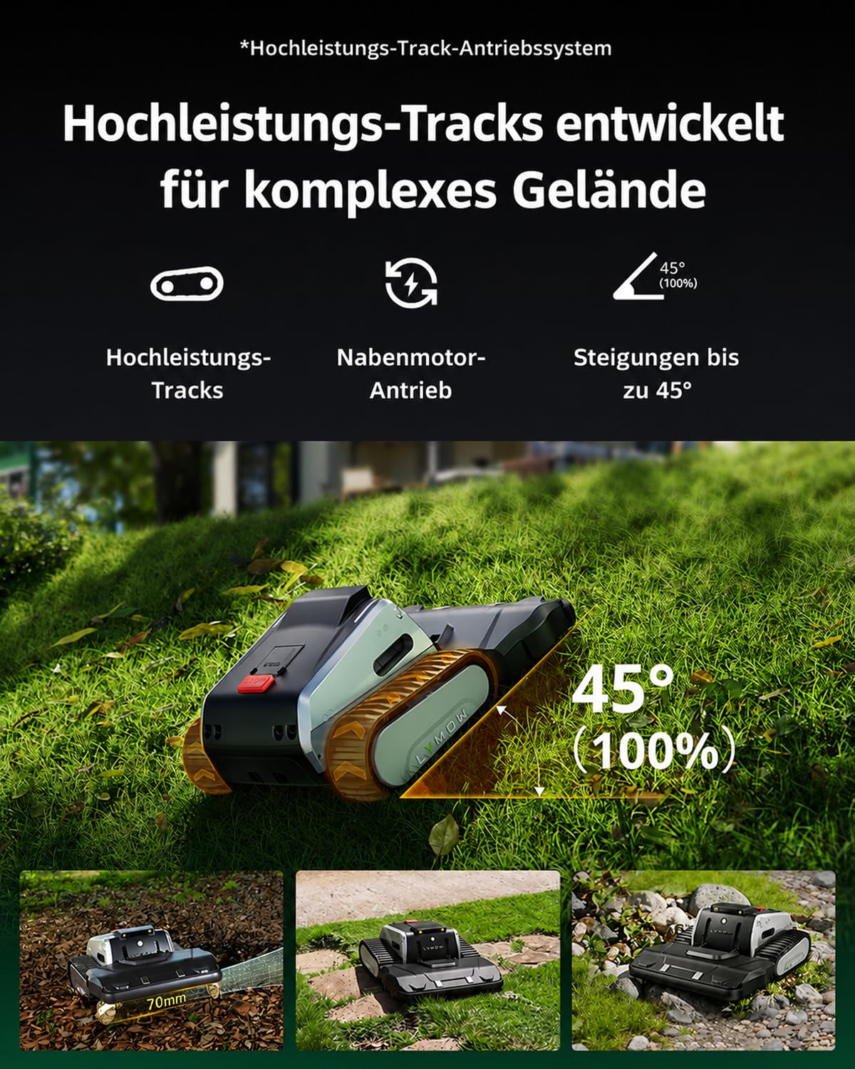Lymow One Plus Mähroboter ohne Begrenzungskabel für 7000 m², KI-Hindernisvermeidung, 45° Steigung, SK5-Doppel-Rotationsmesser, Schnitthöhe 30-100 mm, RTK+VSLAM, 80-Zonen-Management, App-Steuerung