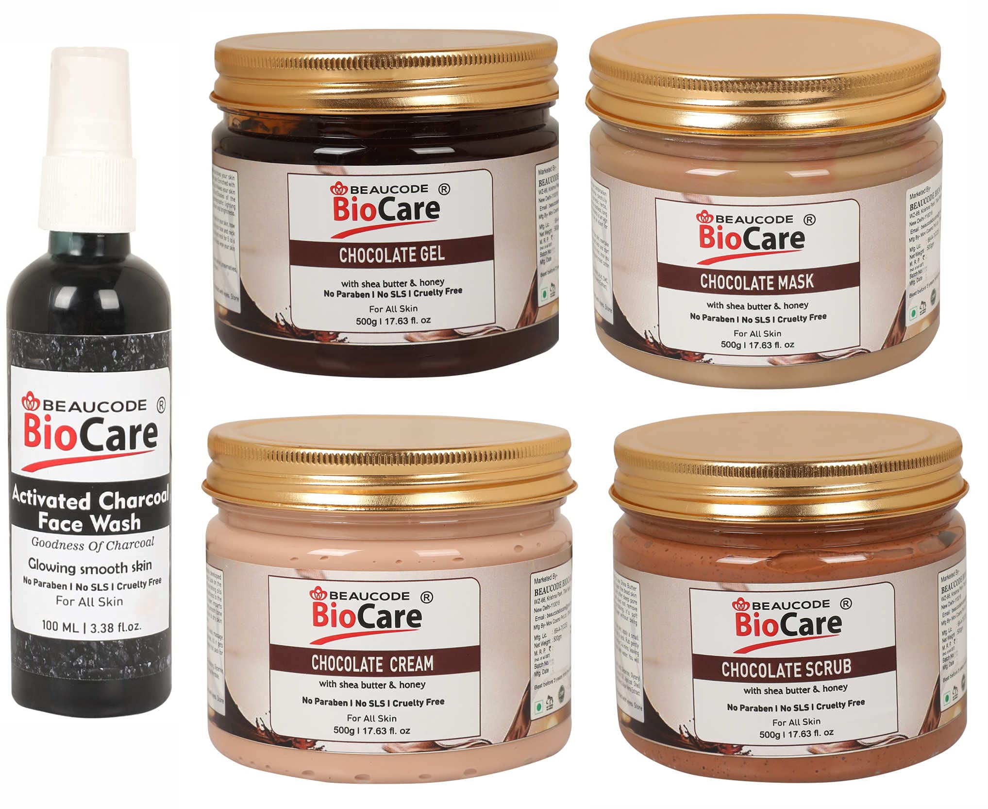Beaucode Biocare Skin Glow Chocolate Facial kit Cream || Mask || Gel & Scrub Facial Kit- 500g With Charcoal Face Wash 100ml (Paraben|Sulfate & Cruelty Free) (Pack of 5)