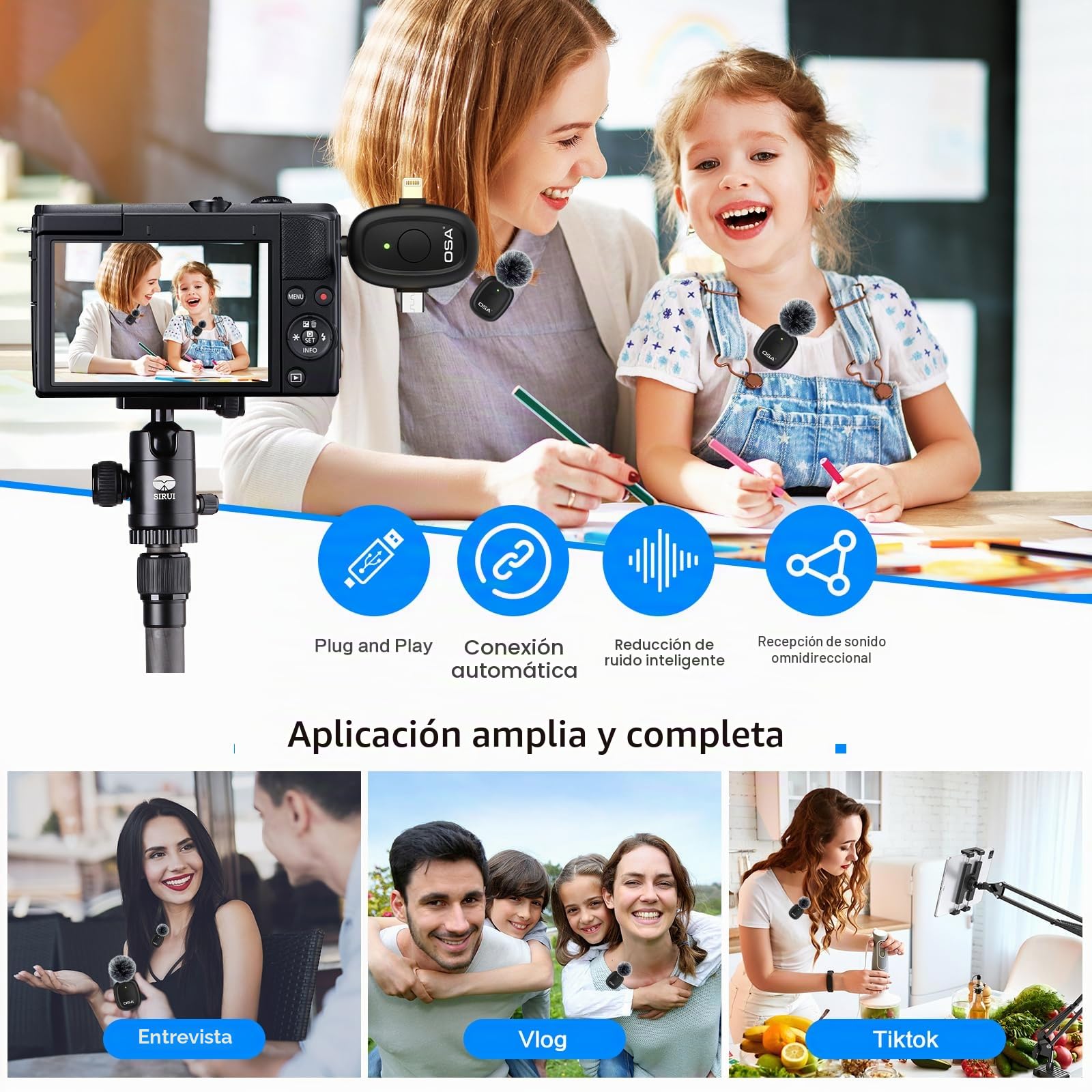 OSA 3 en 1 microfono inalambrico para cámara, iOS, Android y portátil, 8H Long Working Time Lapel Mic con reducción de Ruido para grabación de vídeo, Vlog, Youtube, TikTok