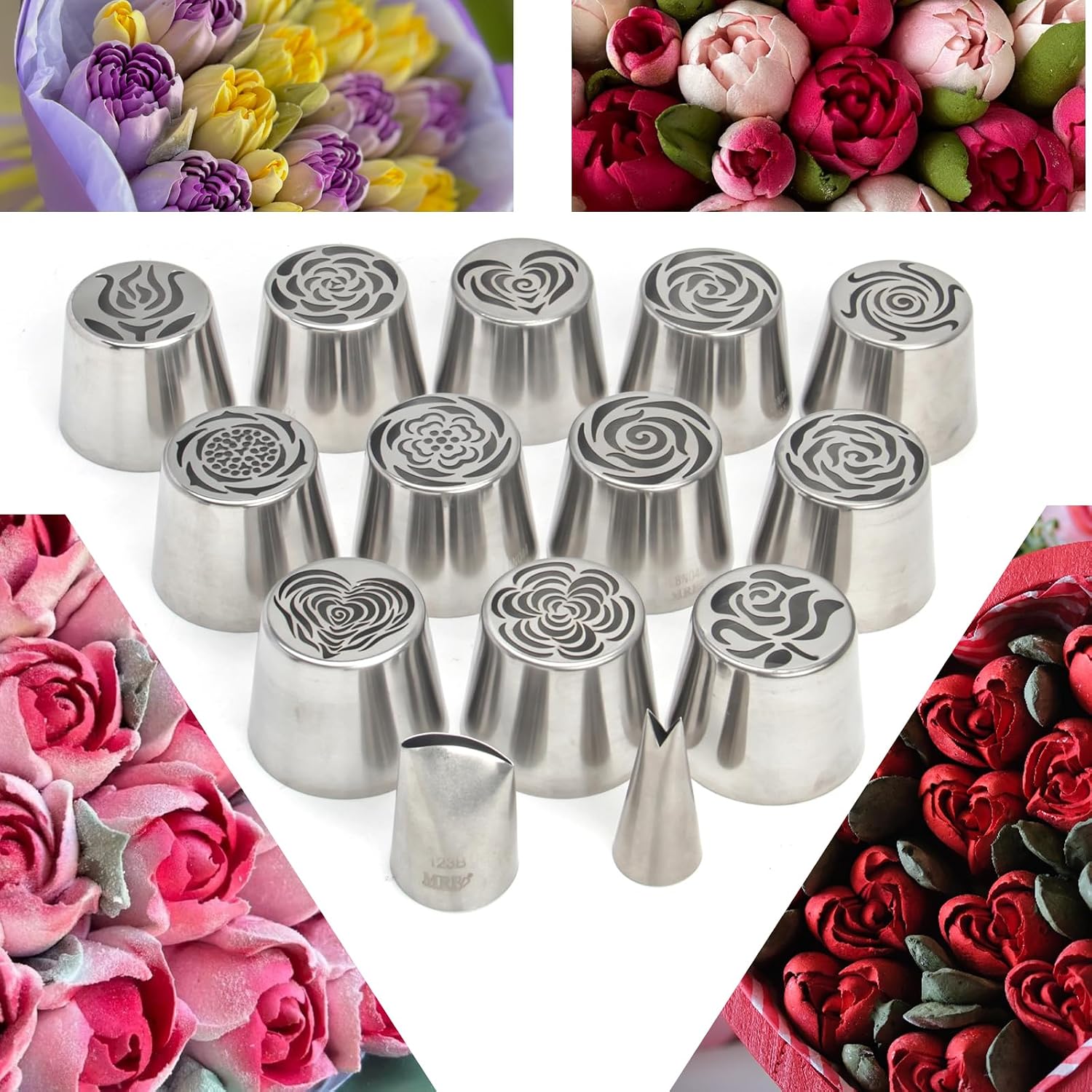 12 Pcs Extra Large Stainless Steel Seamless Russian Flower Piping Tips Kit,Cake Decorating Floral Icing Nozzles Set with 1 Clean Brush,10 Disposable Pastry Bags,1 Leaf and Petal Icing Tips