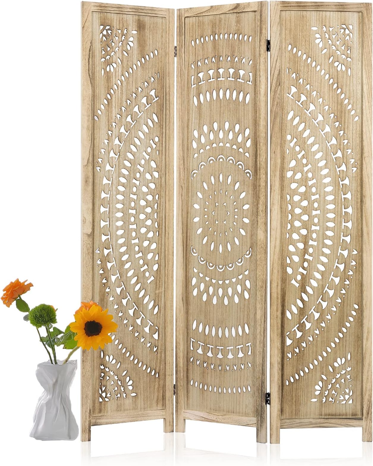 Salfanre 3 Panel Room Divider, Room Dividers and Folding Privacy Screens, Carved Wood Room Divider, Room Divider Screen, 5.6 Ft, Natural