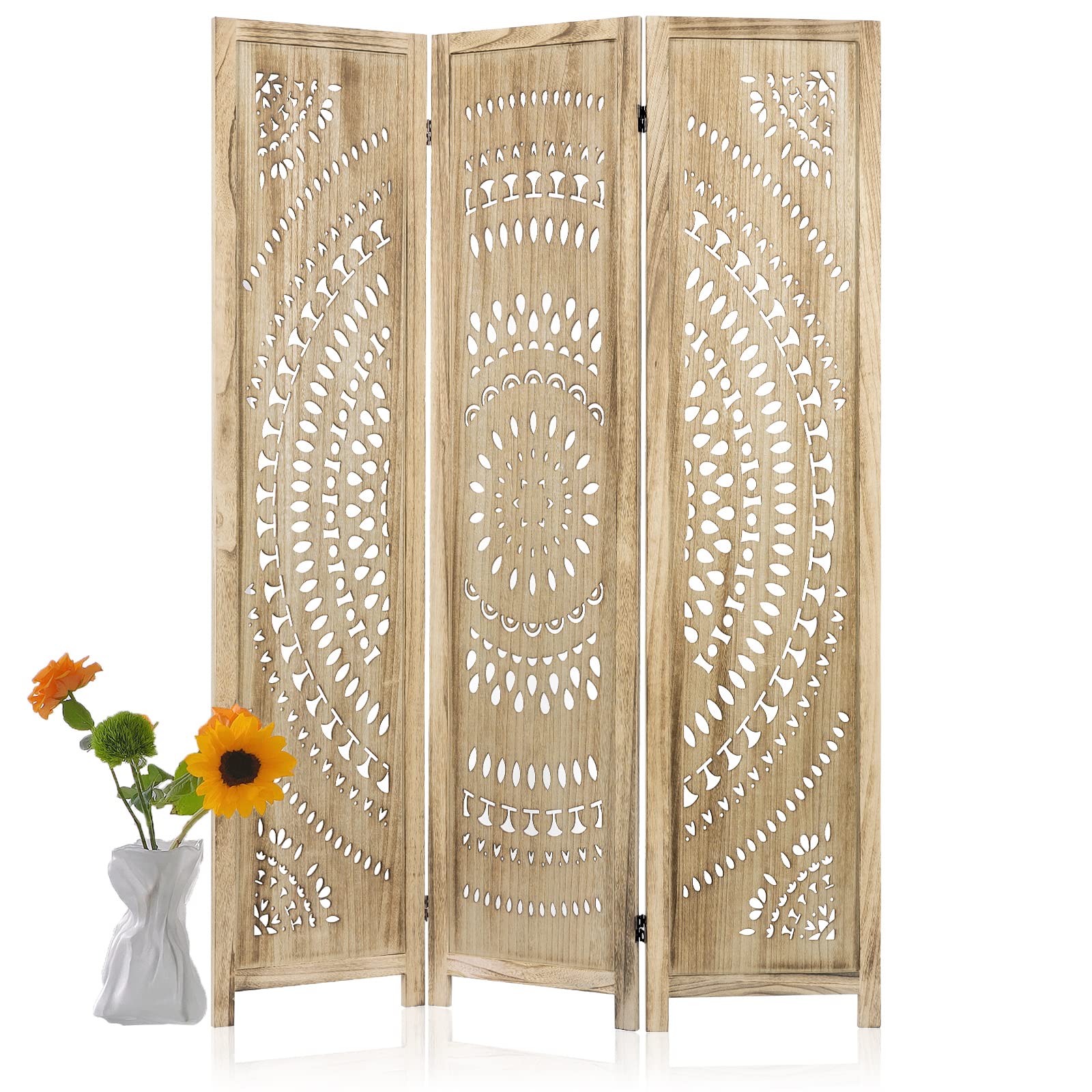 3 Panel Handcrafted Carved Room Divider Screen, 360° Adjustable Wood Folding Privacy Screens for Room Separation, 66.9 Inch Partition Room Dividers for Home Bedroom Office, Natural