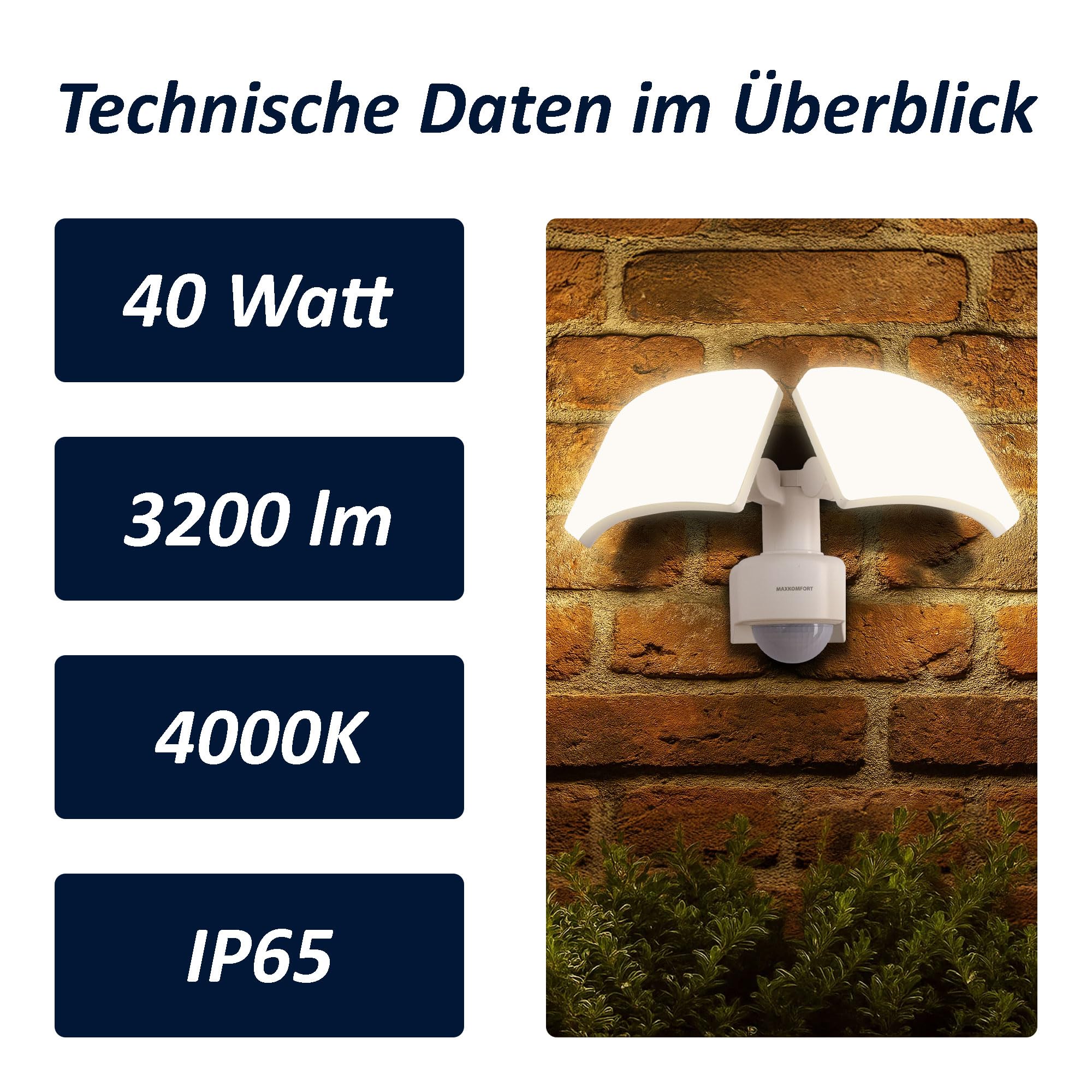 Maxkomfort LED Außenwandleuchte mit Bewegungsmelder Fluter Weiß Schwenkbar | 40W Neutralweiß 4000K IP65 3200lm | Eckmontage | Steuerung bis 500W | SUN3200