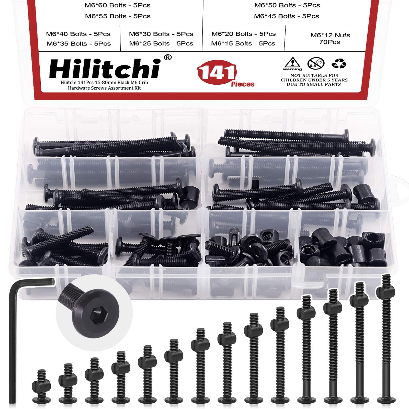 Hilitchi M6 Black Hex Socket Head Screws Bolts Barrel Nuts Hardware Assortment Kit for Crib Baby Bed Furniture Cots and Chair (Assortment Kit-140PCS)