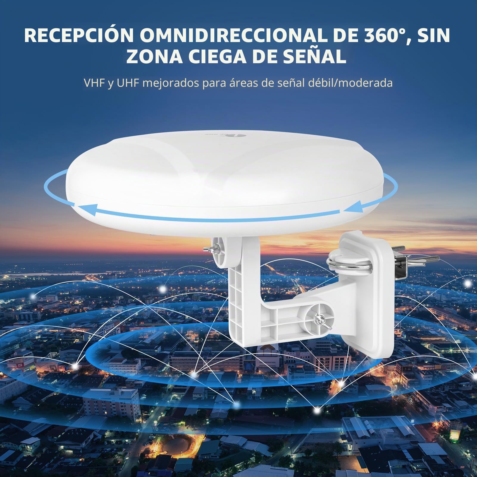 1byone - Antena de TV para exteriores de 360°, recepción omnidireccional de largo alcance de 100 millas para mejorar VHF y UHF 4K Ready HDTV Antena con estabilidad añadida para uso en