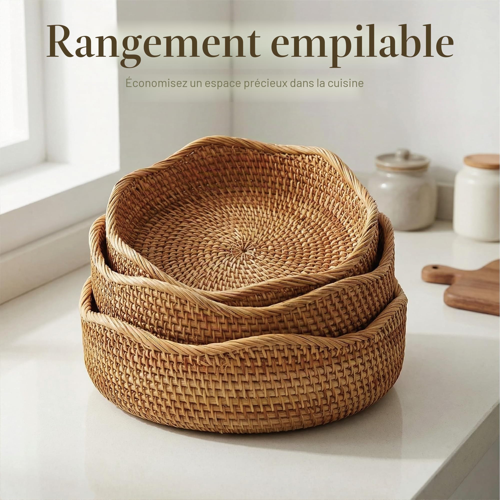 Panier de Rangement Rond en Rotin, Corbeille de Fruits en Osier, Organisateur Tressé Naturel pour Cuisine/Salle à Manger (Vague)