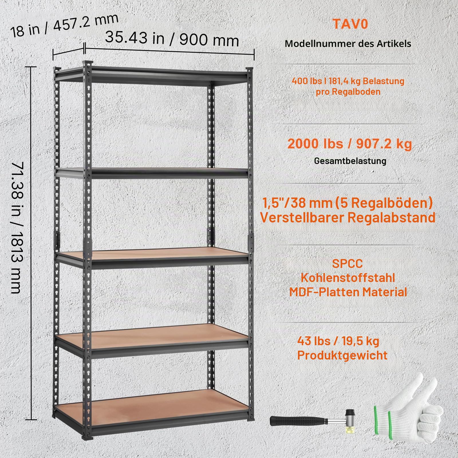 VEVOR Lagerregal 907,2kg Gesamtladekapazität 181,4kg pro Regal Kellerregal SPCC-Kohlenstoffstahl + MDF-Platten Steckregal 90x45x182,88cm Werkstattregal Schwerlastregal Kellerregal Regal Verstellbar