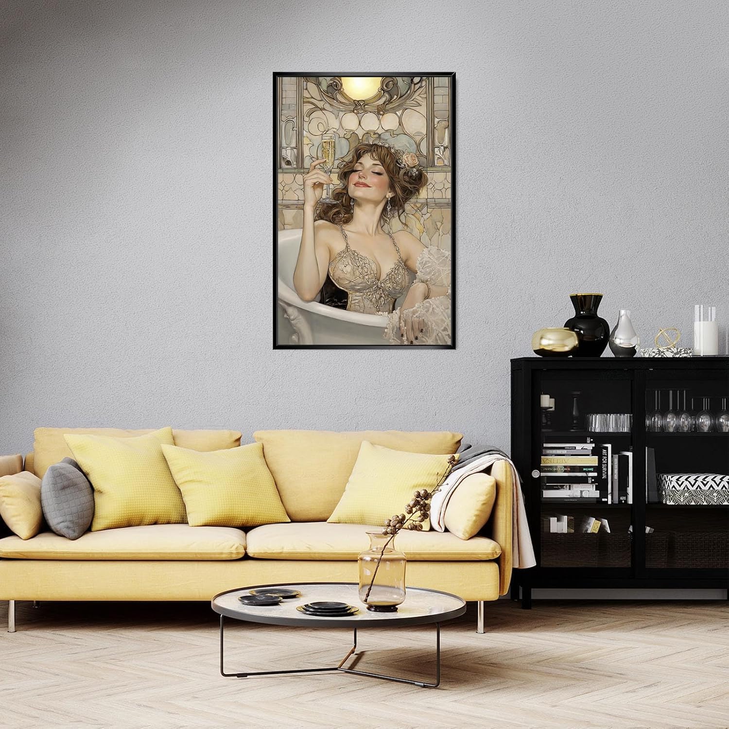 Trendy Bathroom Woman Canvas Posters Elegant Glamour Girly Wall Art Champagne Bath Aesthetic Prints Painting For Living Room Restroom Toilet Wall Decor 24x36in Framed