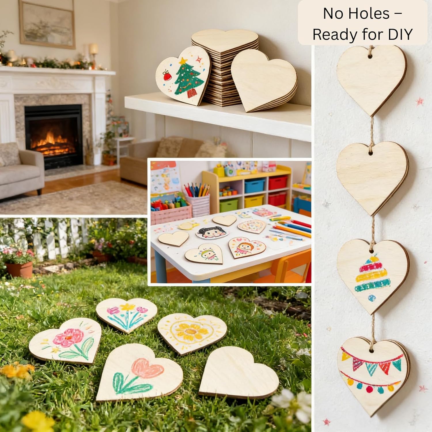 Wooden Cutouts, 50 Pack 4 Inch Unfinished Wooden Heart for DIY Crafts, Gift Tags,DIY Hanging Ornaments,Valentine's Day& Wedding Decor