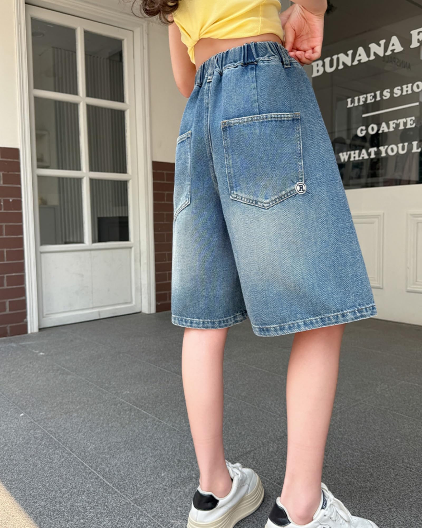 Rolanko Pantalones Cortos Vaqueros para Niñas, Cintura Elástica Bermudas Pierna Ancha Pantalones Cortos de Verano hasta La Rodilla