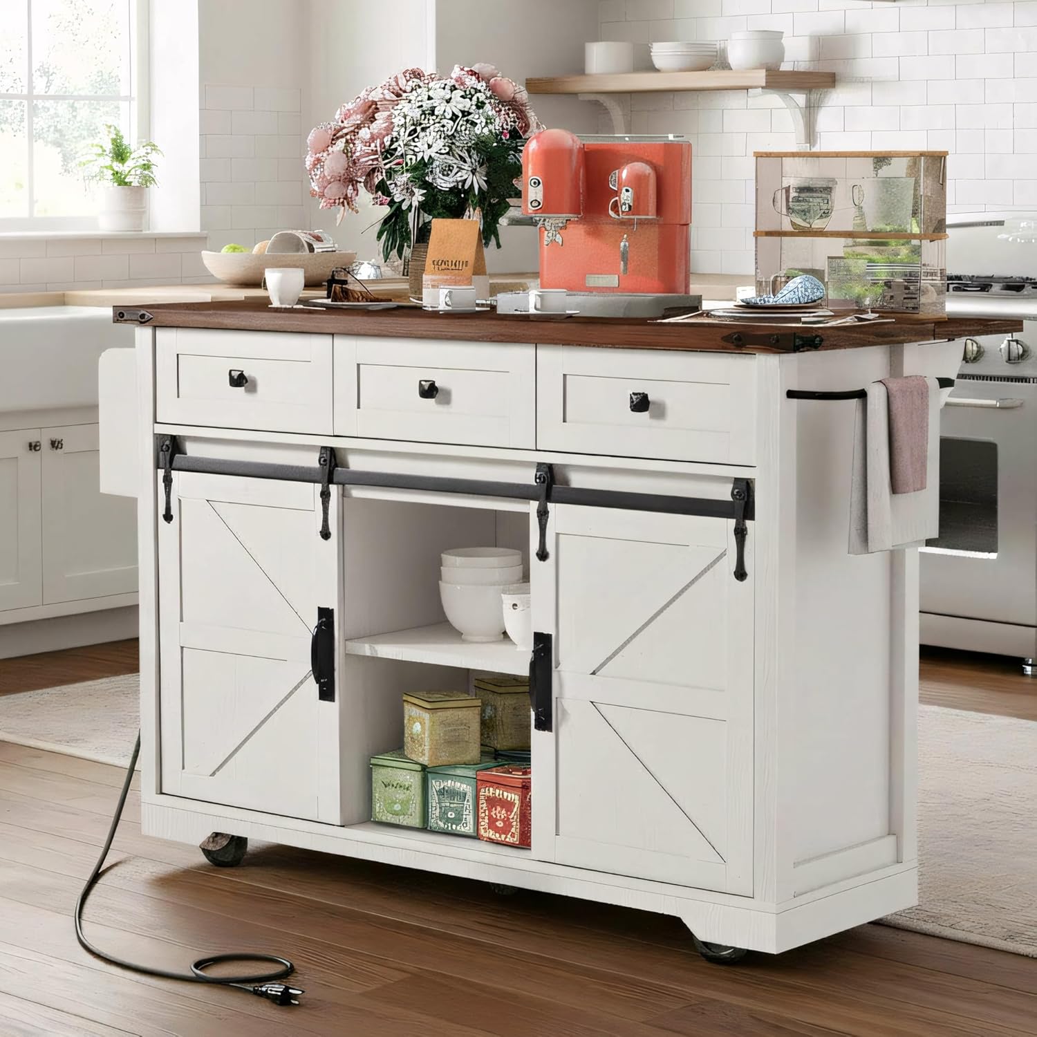 Amposei Farmhouse Kitchen Island on Wheels with Drop Leaf & Power Outlet, 53.7-Inch Rolling Storage Island Cart with Drawers, Sliding Barn Door Cabinets, Spice Rack (Retro White)