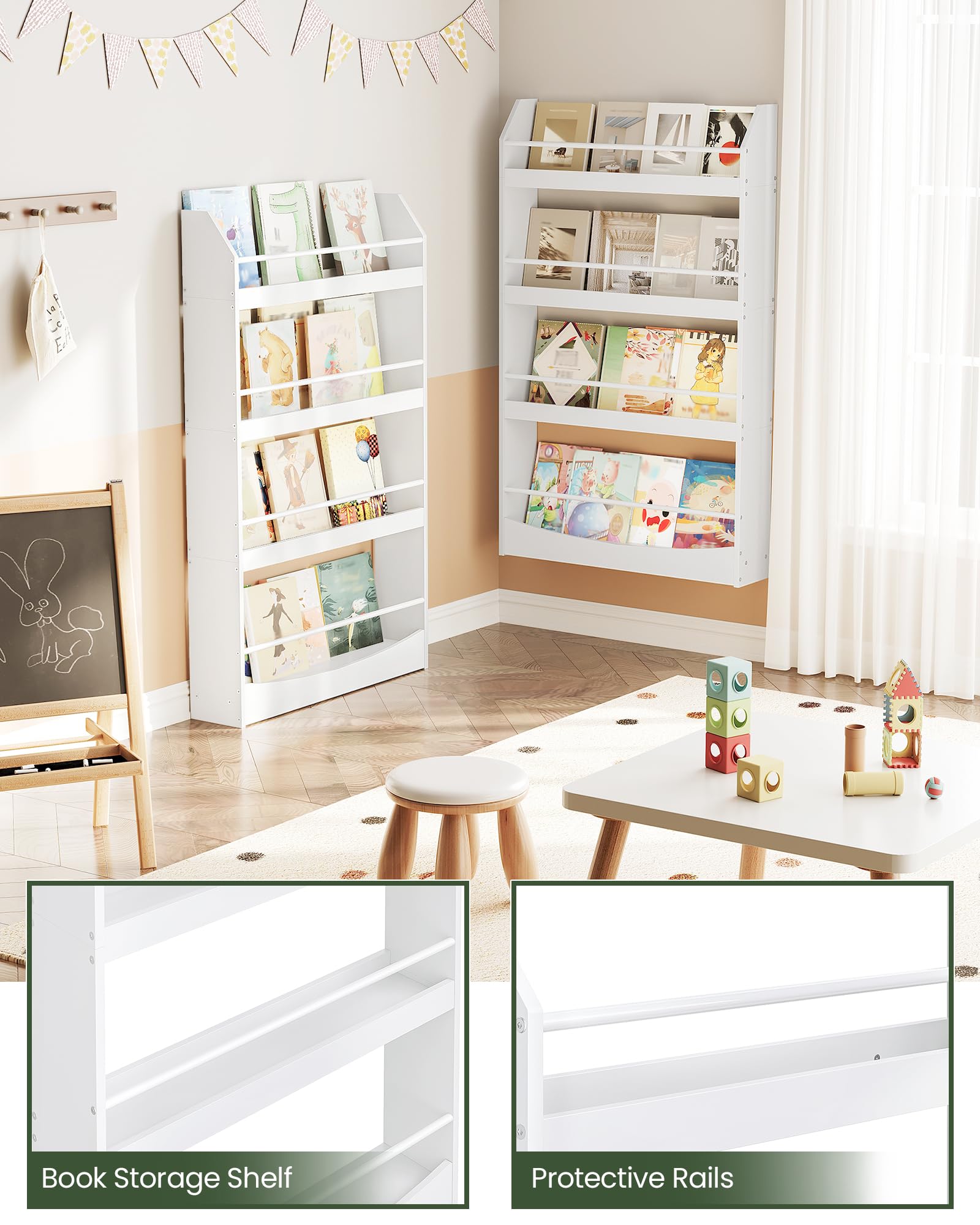 CHOEZON Kinderzimmer Möbel, 4-stöckiges Wandregal Bücher für Kinder, Bücherregal, Spielzeugaufbewahrung, Kinderregal, Präsentationsständer für Kinderzimmer, Spielzimmer, Weiß DMCW13WB
