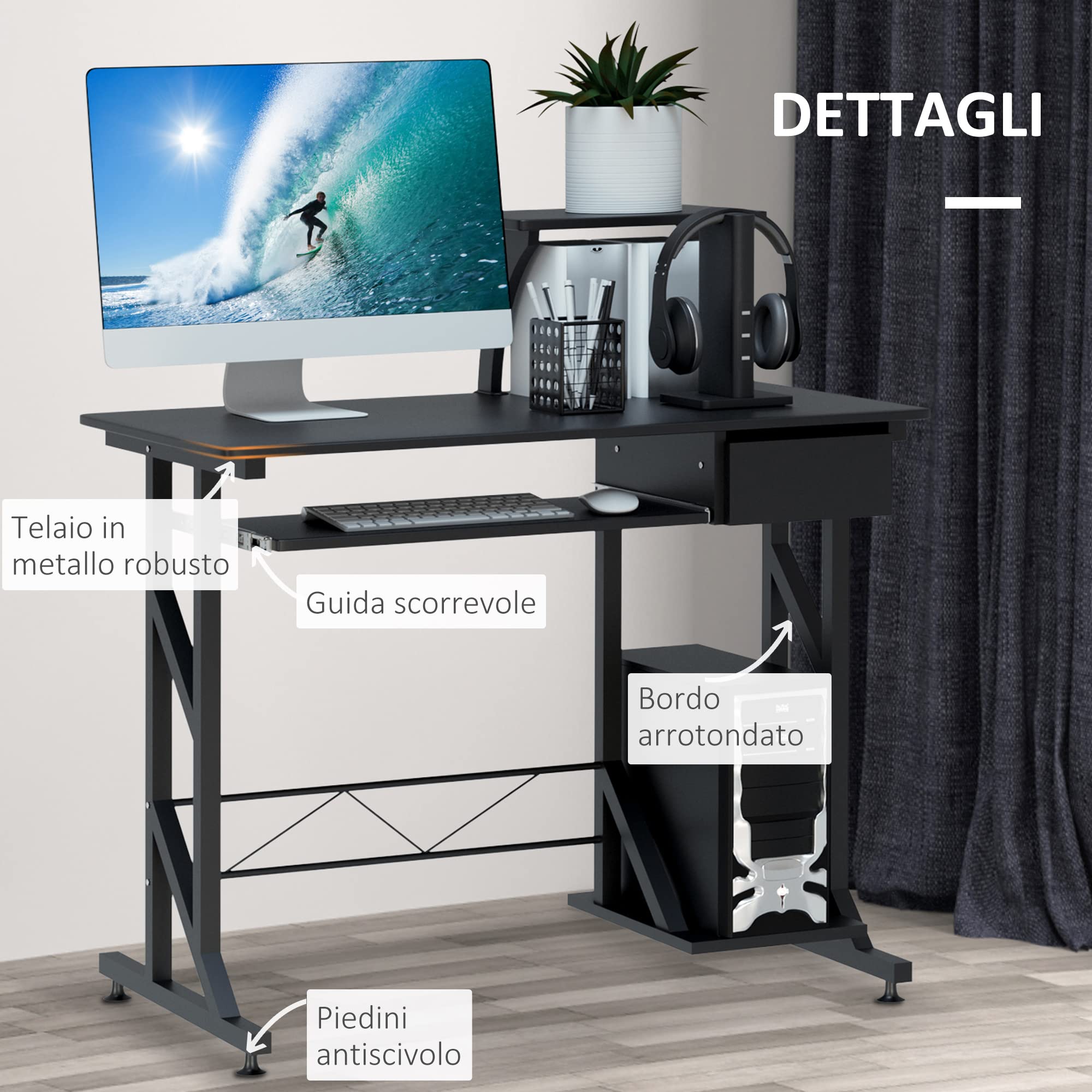 HOMCOM Scrivania per Computer Salvaspazio in Acciaio e Legno, Scrivania da Ufficio con Cassetto, Ripiano Tastiera Estraibile 90 x 50 x 95cm