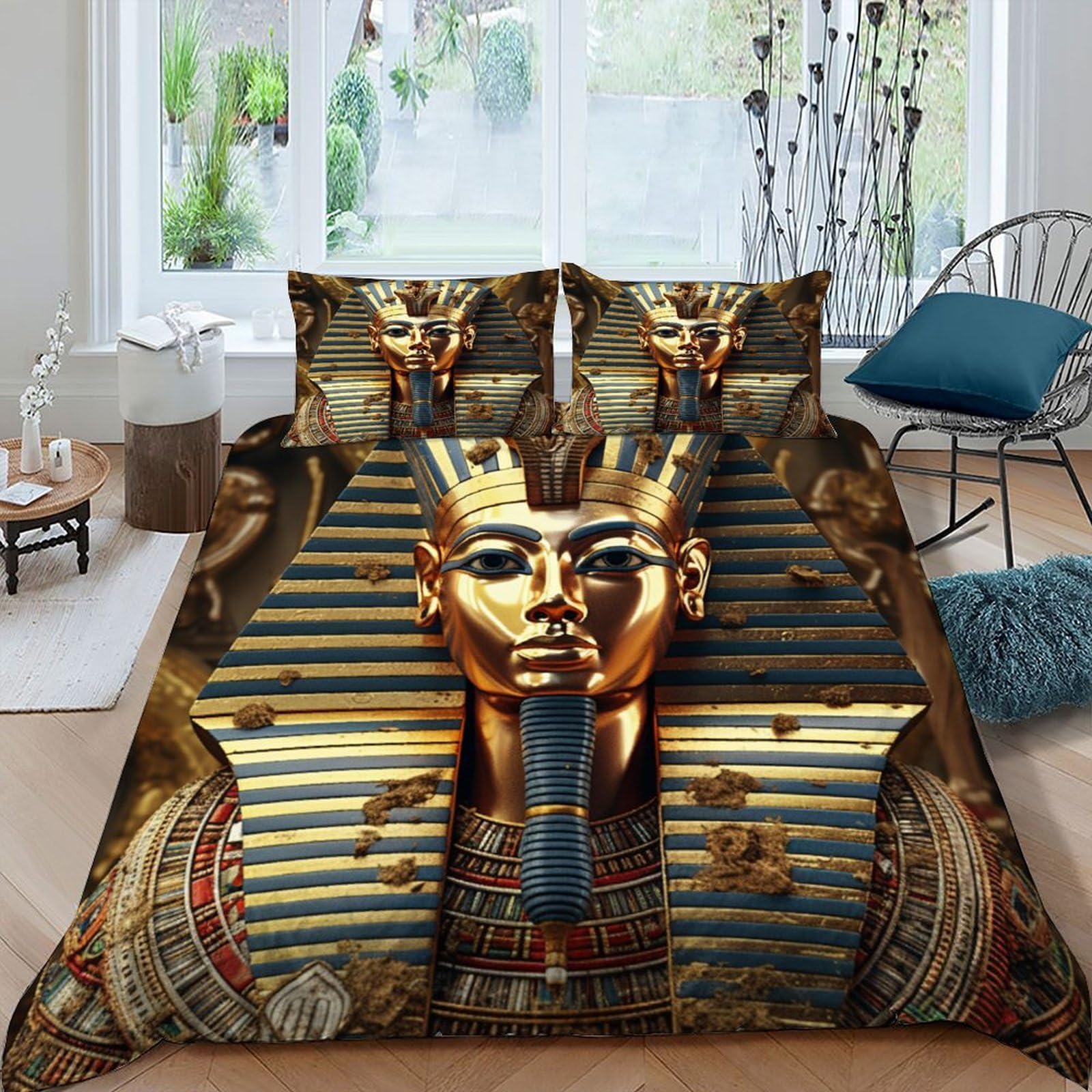Housse de couette King 220x240cm motif Pyramides d'Égypte et Pharaon avec fermeture éclair