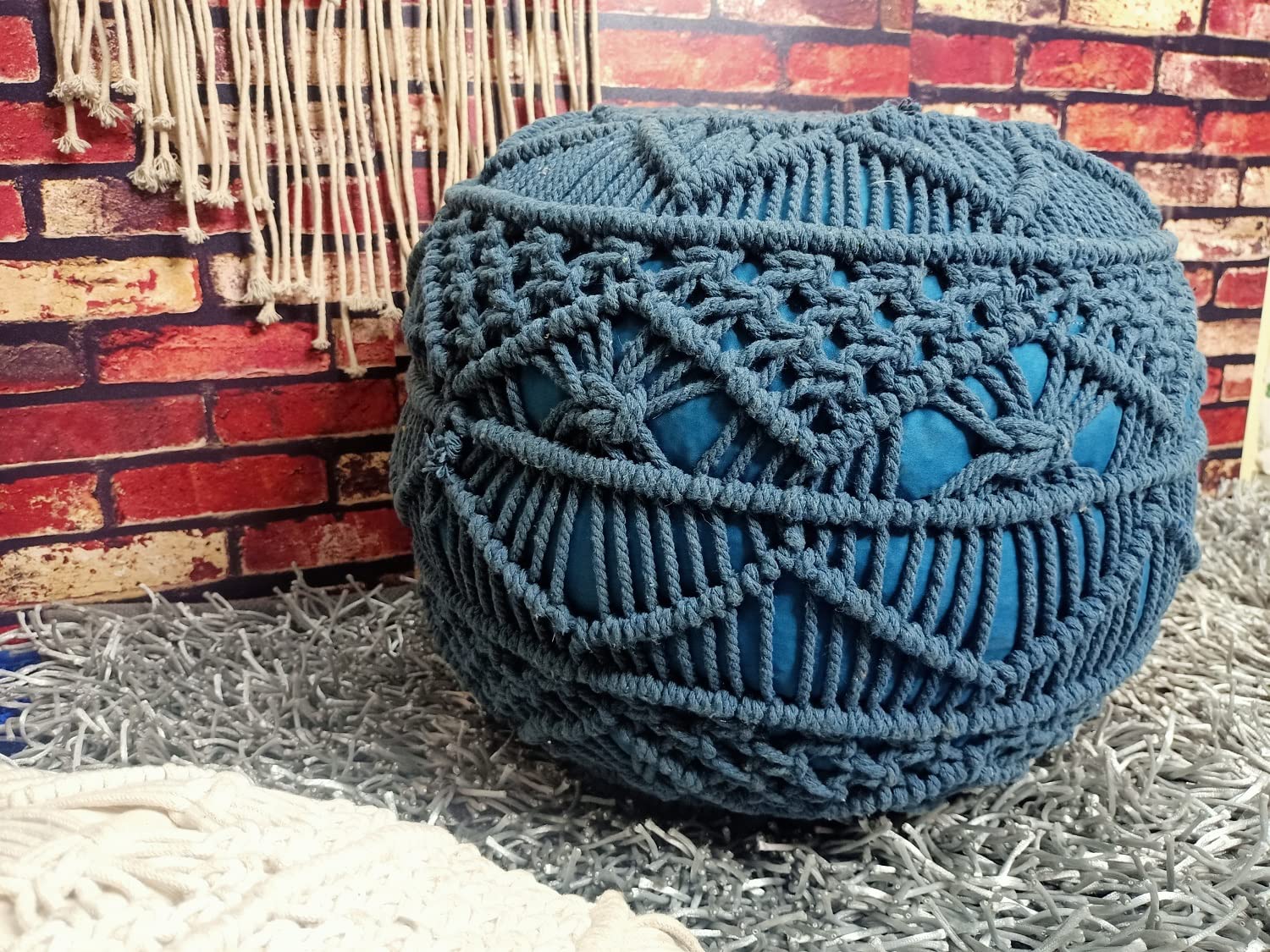Hand Woven & Knitted Cotton Macrame Pouf | Ottoman | Footrest - Bean Bag, Floor Chair - Great for The Living Room, Bedroom and Kids Room - Small Furniture (18x18x16 Inches - Blue)-image-28