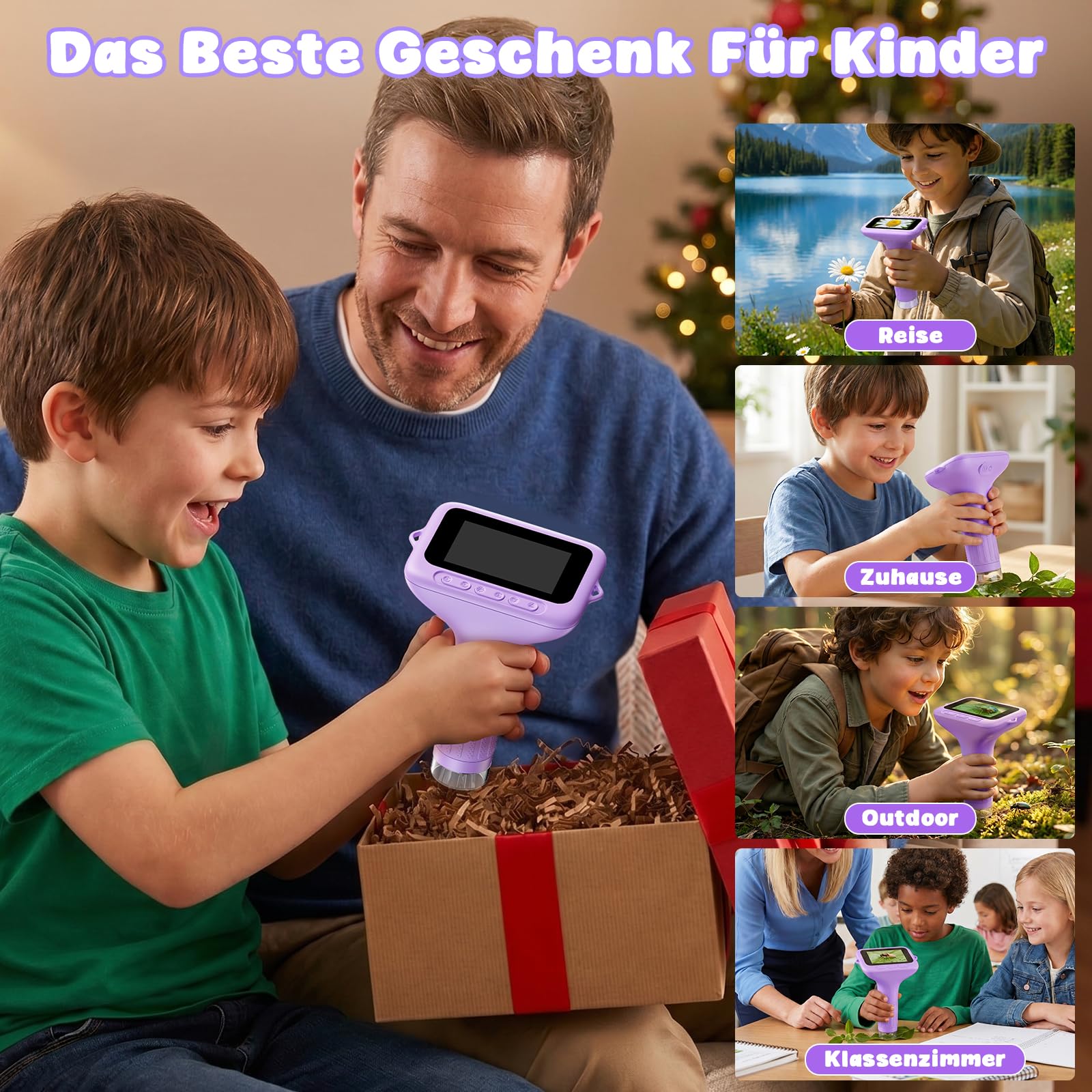 Digitales Mikroskop für Kinder 1000x Vergrößerung, Tragbares Mikroskop Kinder mit 3,0 Zoll HD Bildschirm, Fotofunktion und PC-kompatibel, Kindermikroskop für Garten, Wald & Outdoor (Lila)