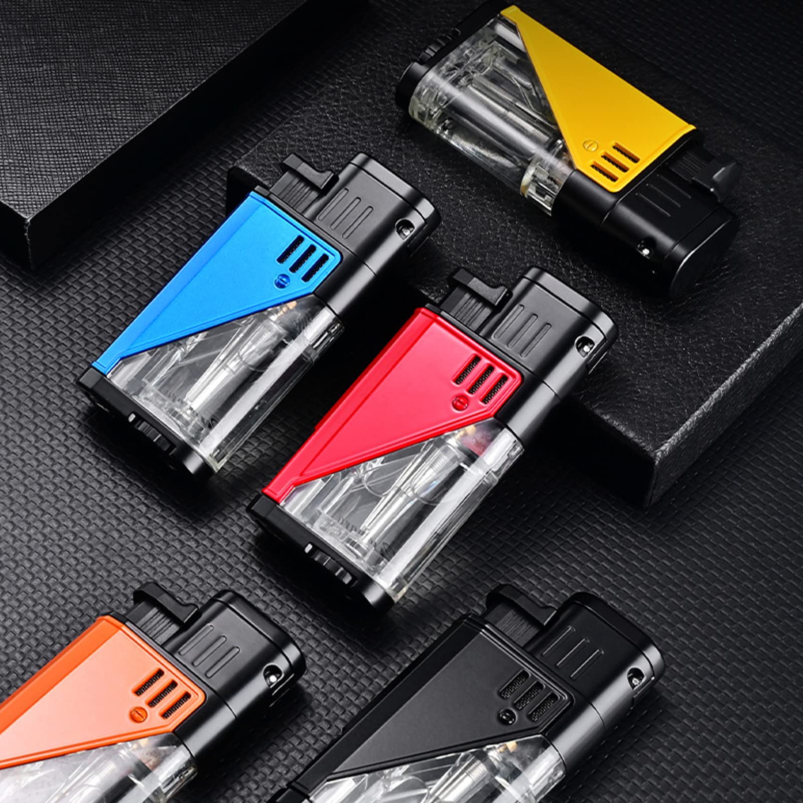 Encendedores de Antorcha, Encendedor de Llama Azul Azabache Doble, Encendedor Ajustable Recargable con Tanque de Gas Visible, Accesorios para Fumar, Aparatos para Hombres,Black