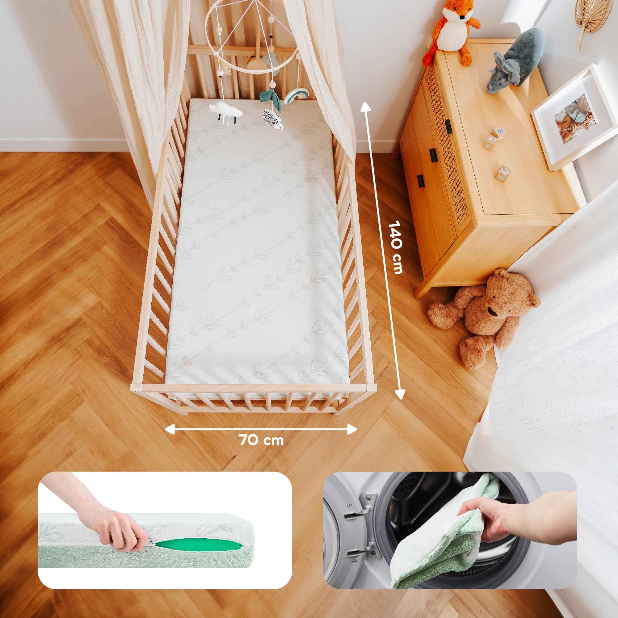 Babymoov Cosy'Lite Babymatratze Antibacterial 70x140 cm - keine chemische Behandlung - Dicke 10 cm - Made in Portugal - Abnehmbarer Bezug - Öko-Tex zertifiziert