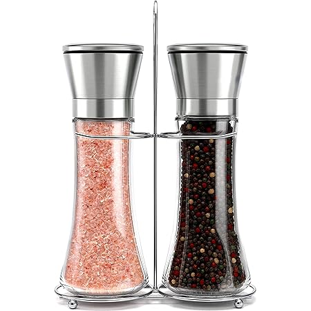 Willow & Everett Stainless Steel Salt and Pepper Grinder Set -Tall Shaker, Adjustable Coarseness, Refillable -Sea Salt, Black Peppercorn Mill