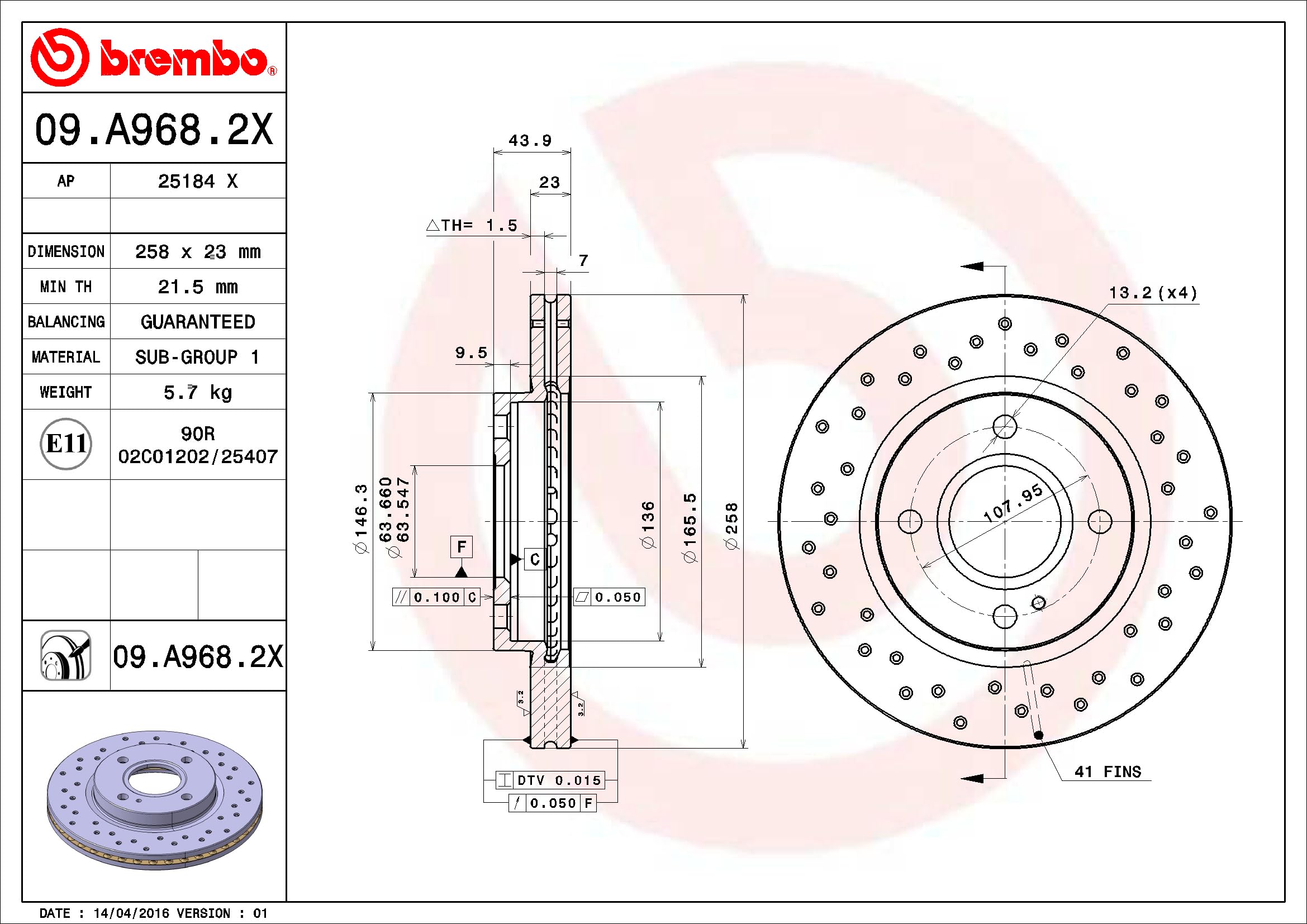 Brembo Xtra 09.A968.2X - Disco Freno Forato Anteriore, Set di 2