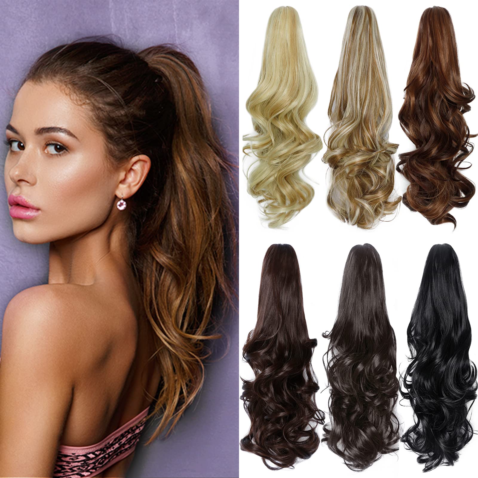 PARXITN Ponytail Extension 40cm Kurz Gelockt Gewellt Bronze Gelb Mix Blond Claw Clip in Synthetik Haarteil Pferdeschwanz Haarverlängerungen Zopf