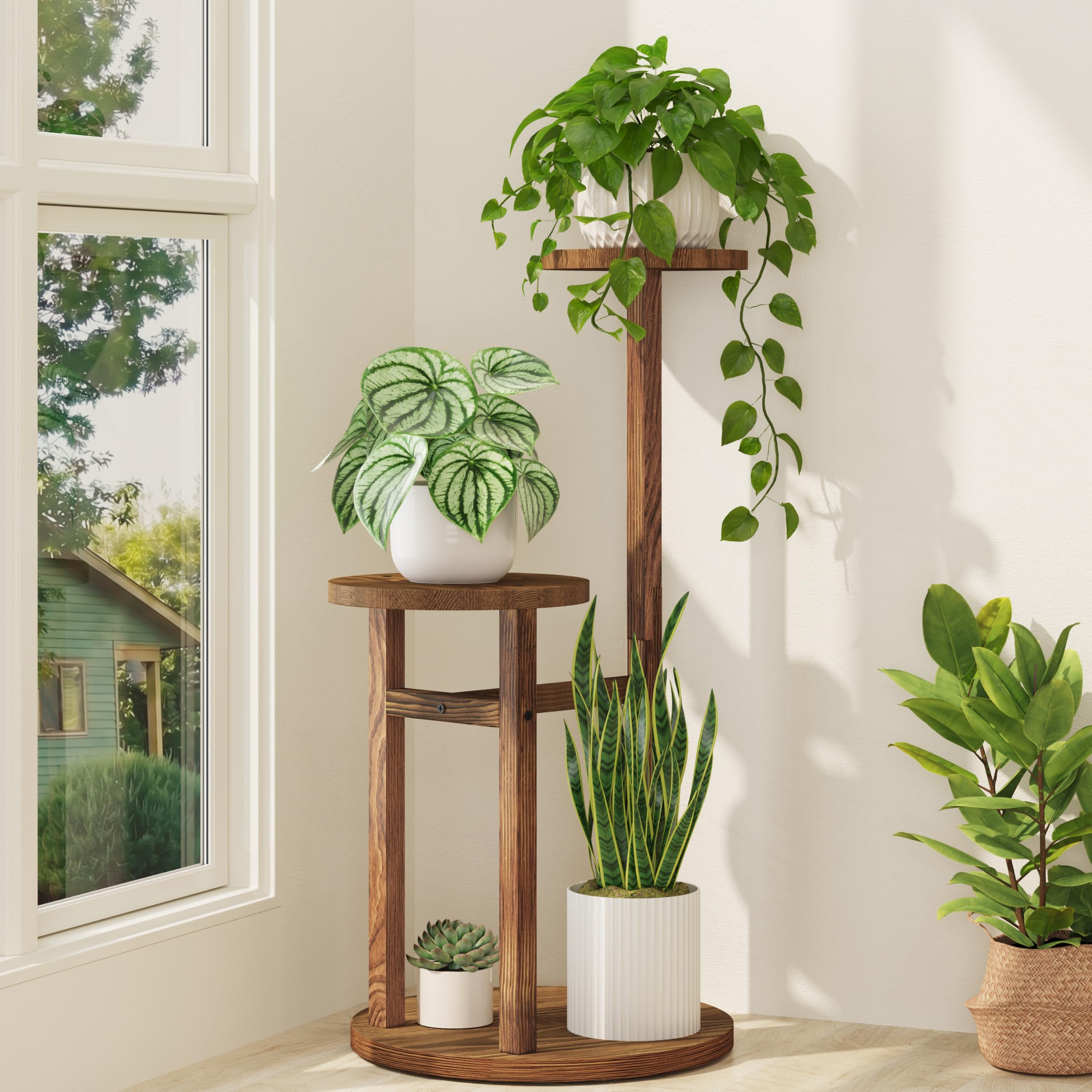 iDavosic.ly 2 Tier Wood Plant Stand Indoor Outdoor Corner Tall Shelf, Brown