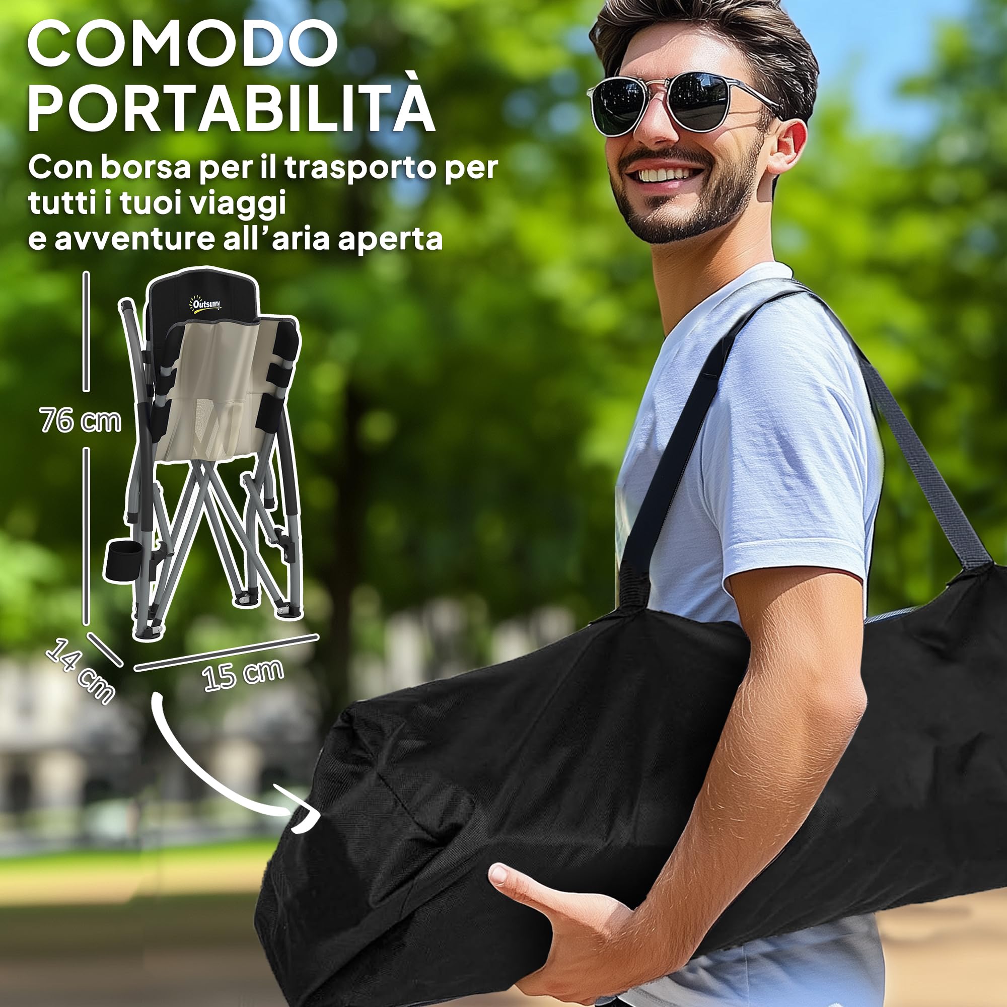 Outsunny Sedia da Spiaggia Pieghevole con Schienale a Rete, Sedia da Campeggio con Braccioli, Portabicchieri e Borsa di Trasporto, per Giardino Patio Esterno, Nero