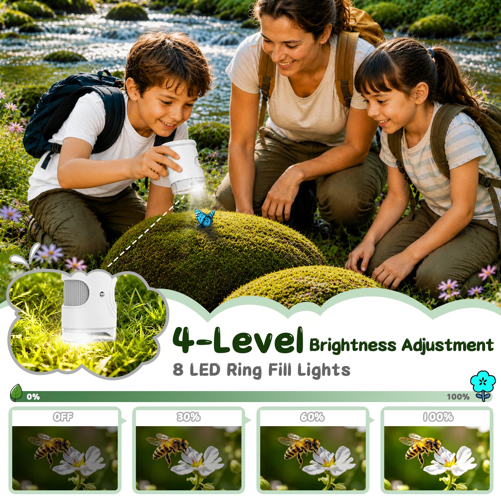 Microscope Enfant Portable 1000X – Microscope Numérique avec Écran IPS 2 Pouces et 8 LED, Fonction Photo & Vidéo, Jouet Scientifique Cadeau pour Garçons et Filles (Blanc)