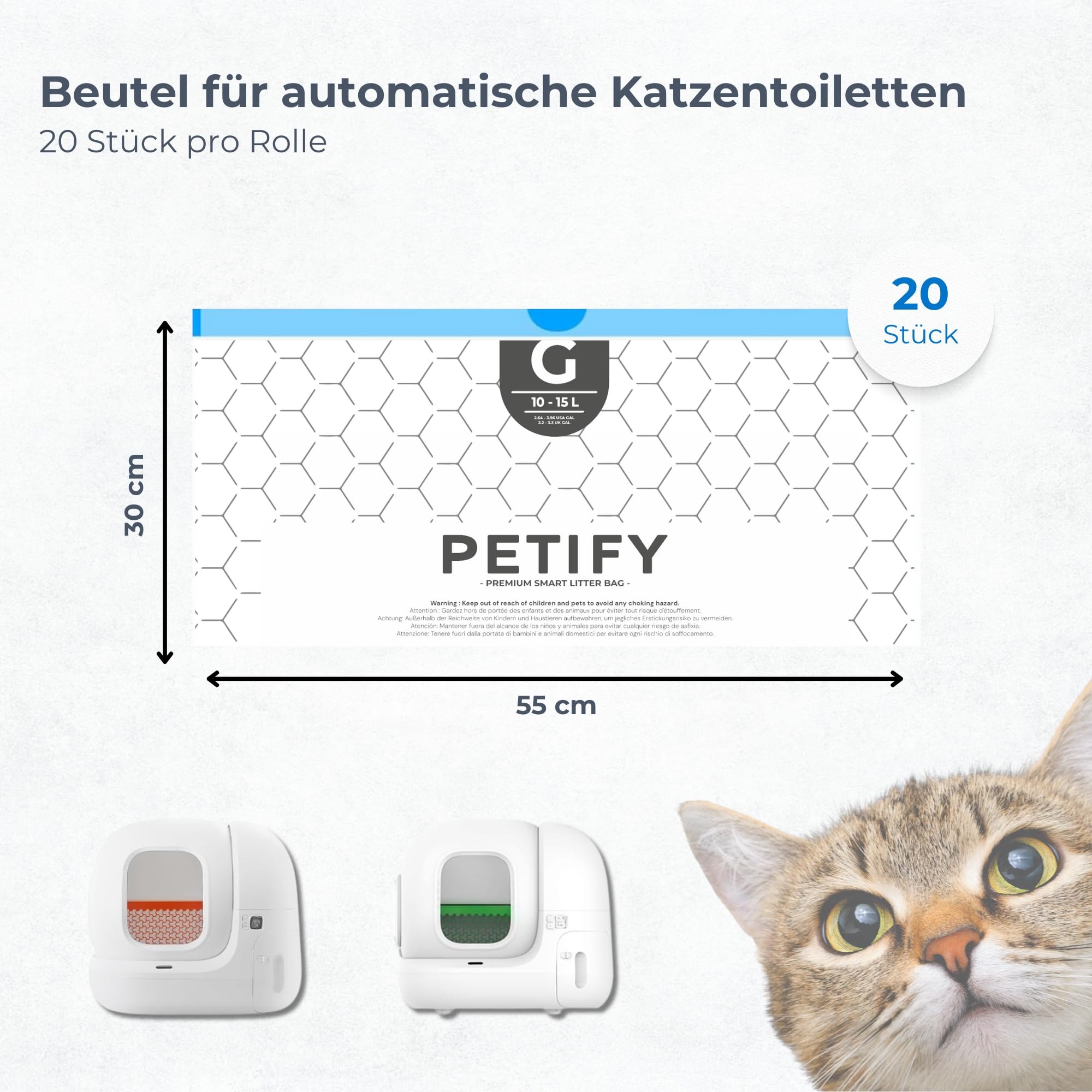 Müllbeutel für automatische Katzentoiletten, kompatibel mit Pura X & Pura Max 2, 100 Stück (5x20), vorgestanzt, mit Zugband.