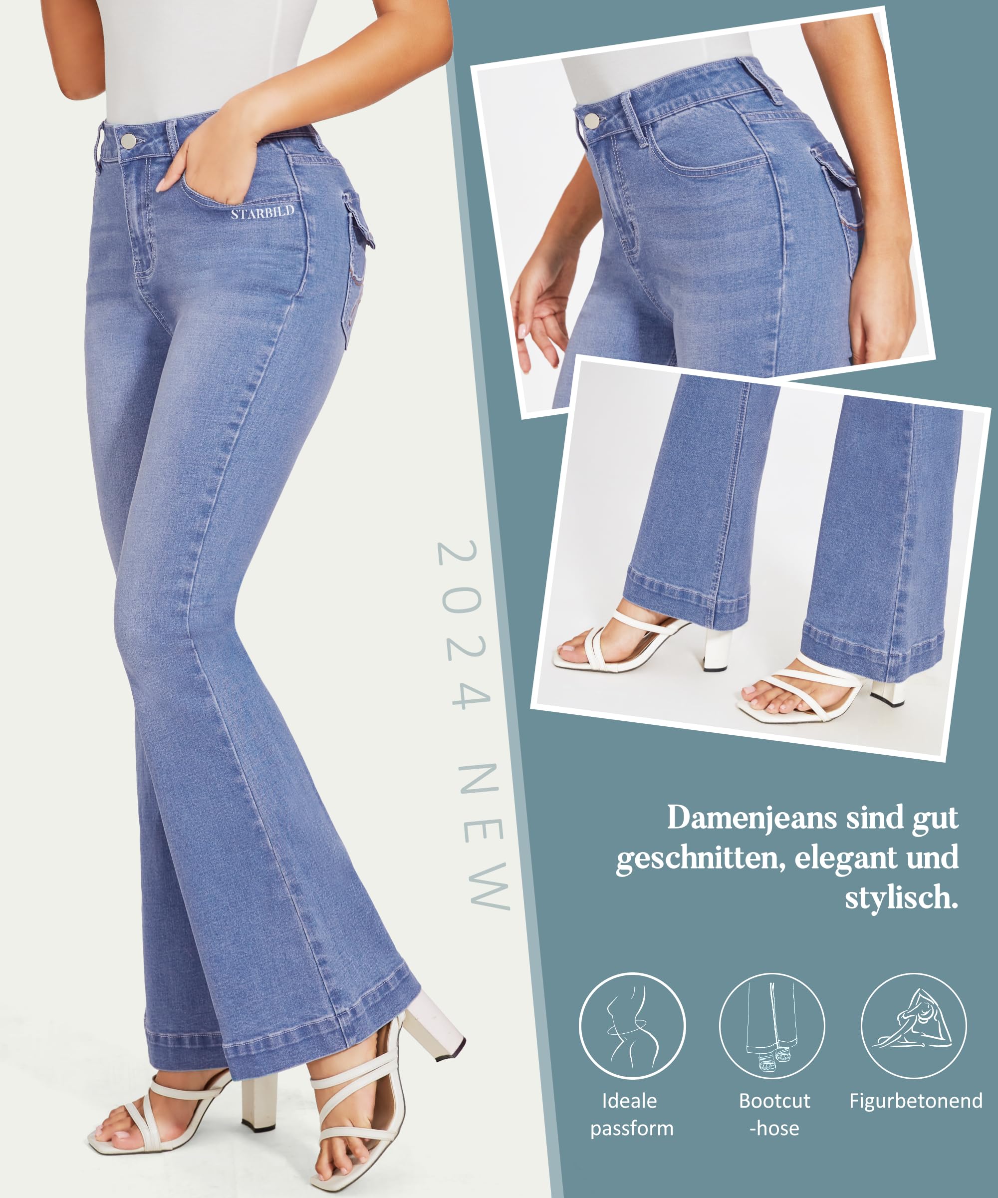 STARBILD Flared Fit Jeans High Rise Évasé avec Poche Cargo pour Femme, Stretch Jegging Bootleg Taille Haute Pantalon à Patte Éléphant