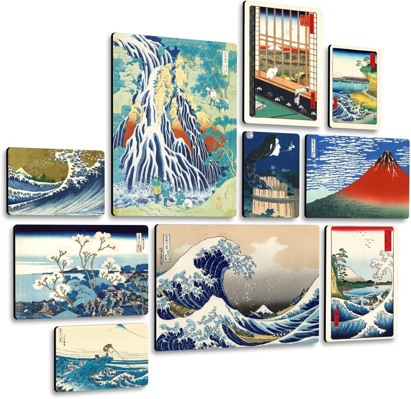 Giallobus - Ensemble de 10 peintures multi-panneaux - Hokusai Hiroshige - Bois MDF - - 2 x 42x29,7cm - 4 x 29,7x21cm - 4 x 21x14,85cm - - Prêt à accrocher - Tableaux