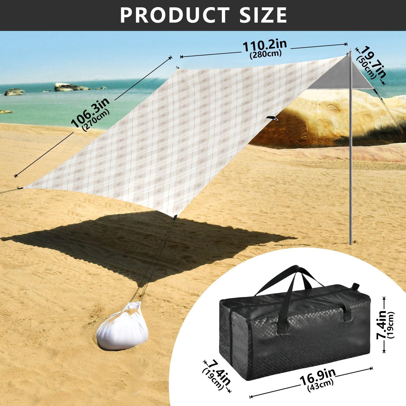 Grand pare-soleil pliable avec poches de sable pour camping, pique-nique, jardin et pêche - Beige et blanc - UPF50