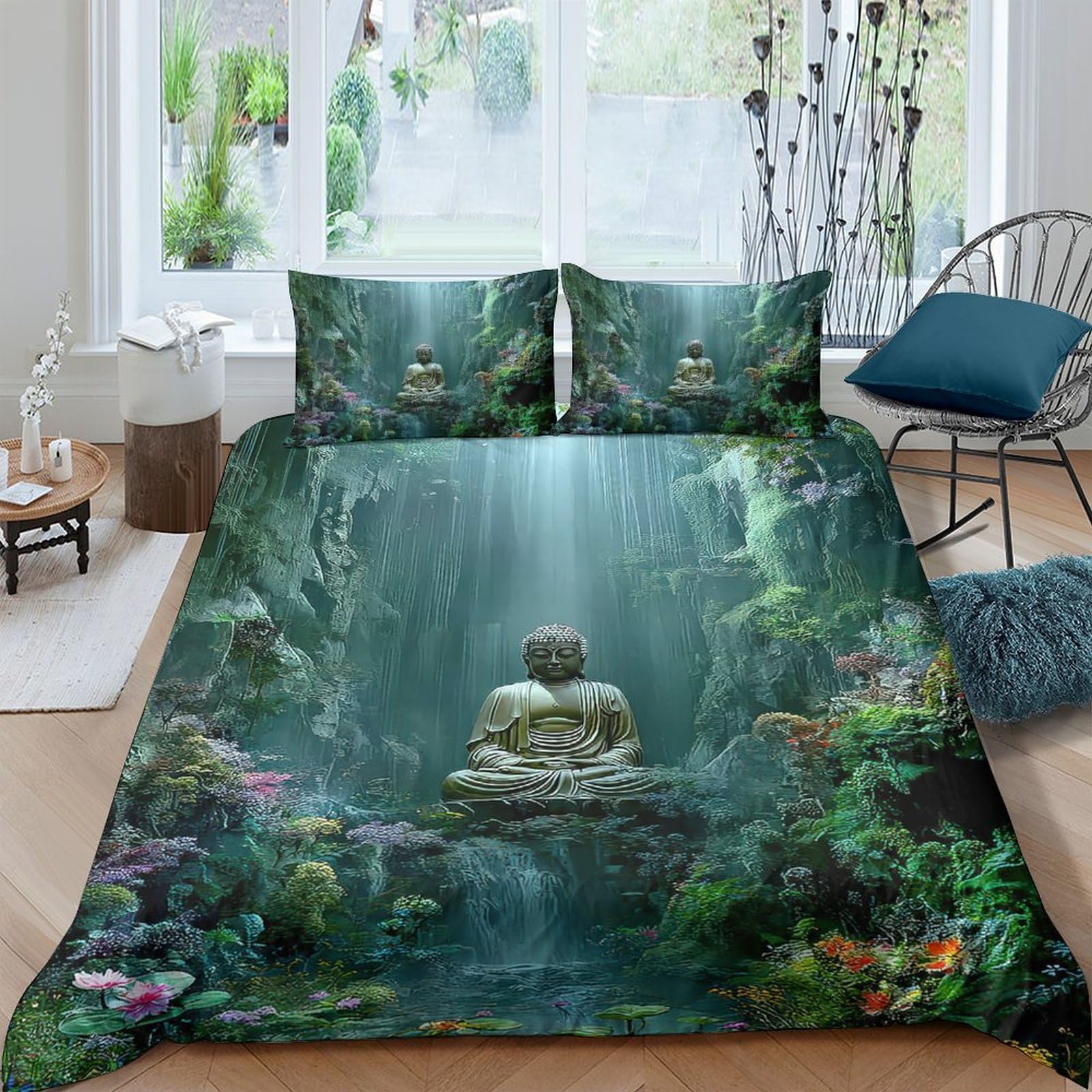Ctjqhvkz Style-2 3D Printed Buddha Forest Fitted Sheet Microfiber Soft Washable Zen Statue Bed Cover For Bedroom Guest Room Mattress Protection Single（135X200cm）