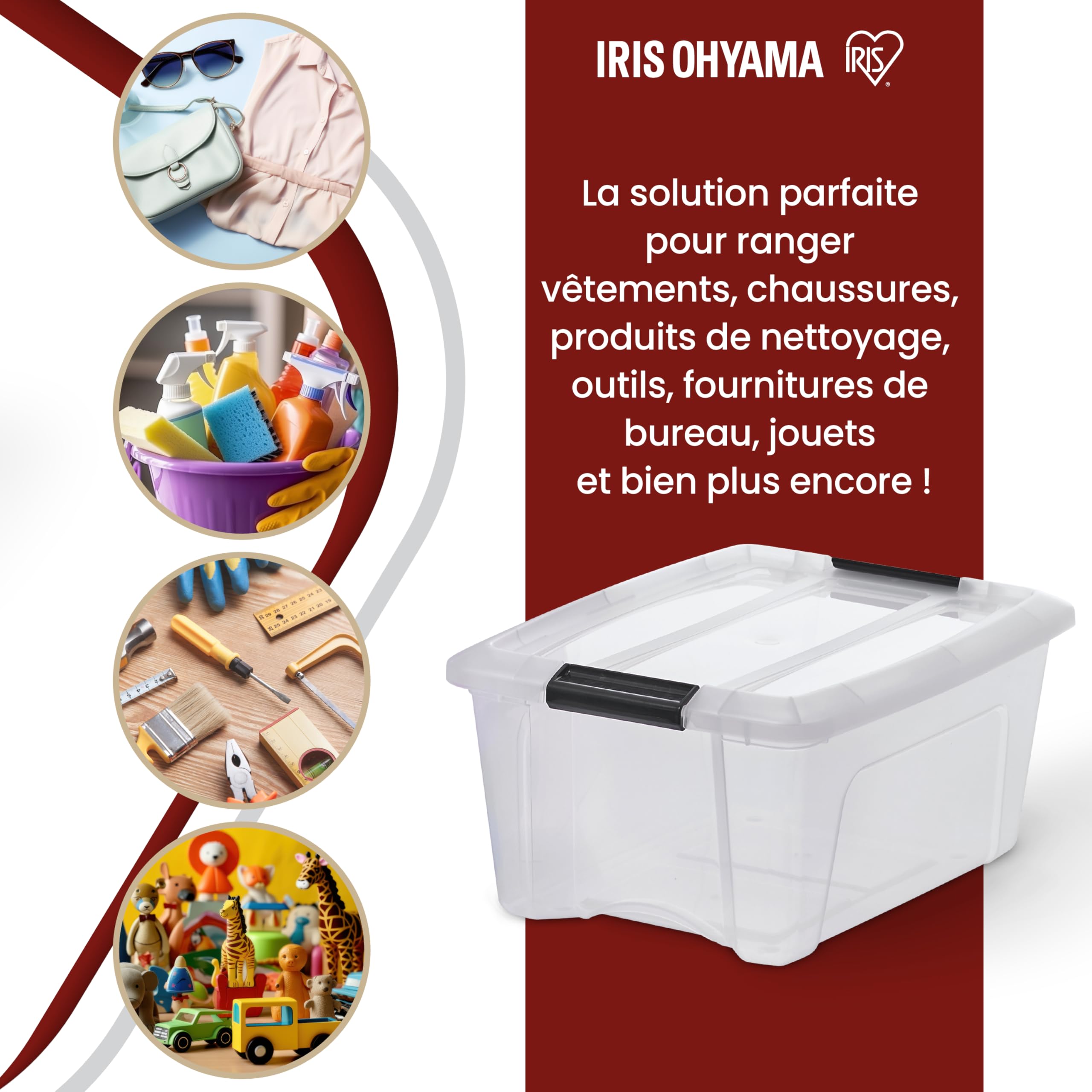 Iris Ohyama, Boite Rangement Plastique avec Couvercle, 15L, Lot de 6, Transparent, Clips de Fermeture, Poignée, Empilable, Organisation Solide & Durable, pour Chambre, Dressing, Bureau, NTB-15