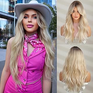 Long Blonde Wig with Bangs Long Curly Wavy Blonde Wig for Women Mixed Blonde Long Synthetic Wig (Mixed Blonde)