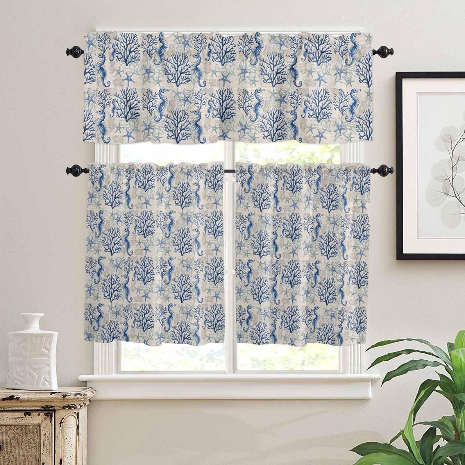 Coastal Coral Kitchen Curtains 24 Inch Length, 3 Piece Rod Pocket Small Half Tiers and Valance Set, Blue Seahorse Starfish Ocean Sea Small Large Window Treatment Decor for Bedroom/Bathroom Sink